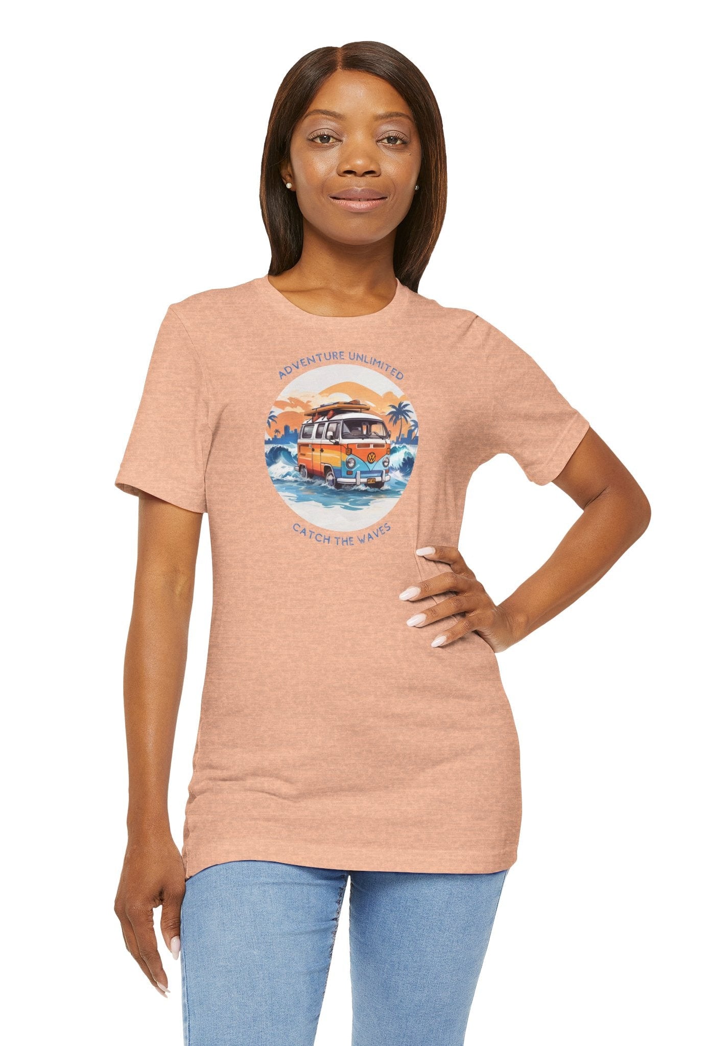 Adventure Unlimited Surfing T-Shirt: woman in peach tee with ’the best day is a day’ - direct-to-garment printed item