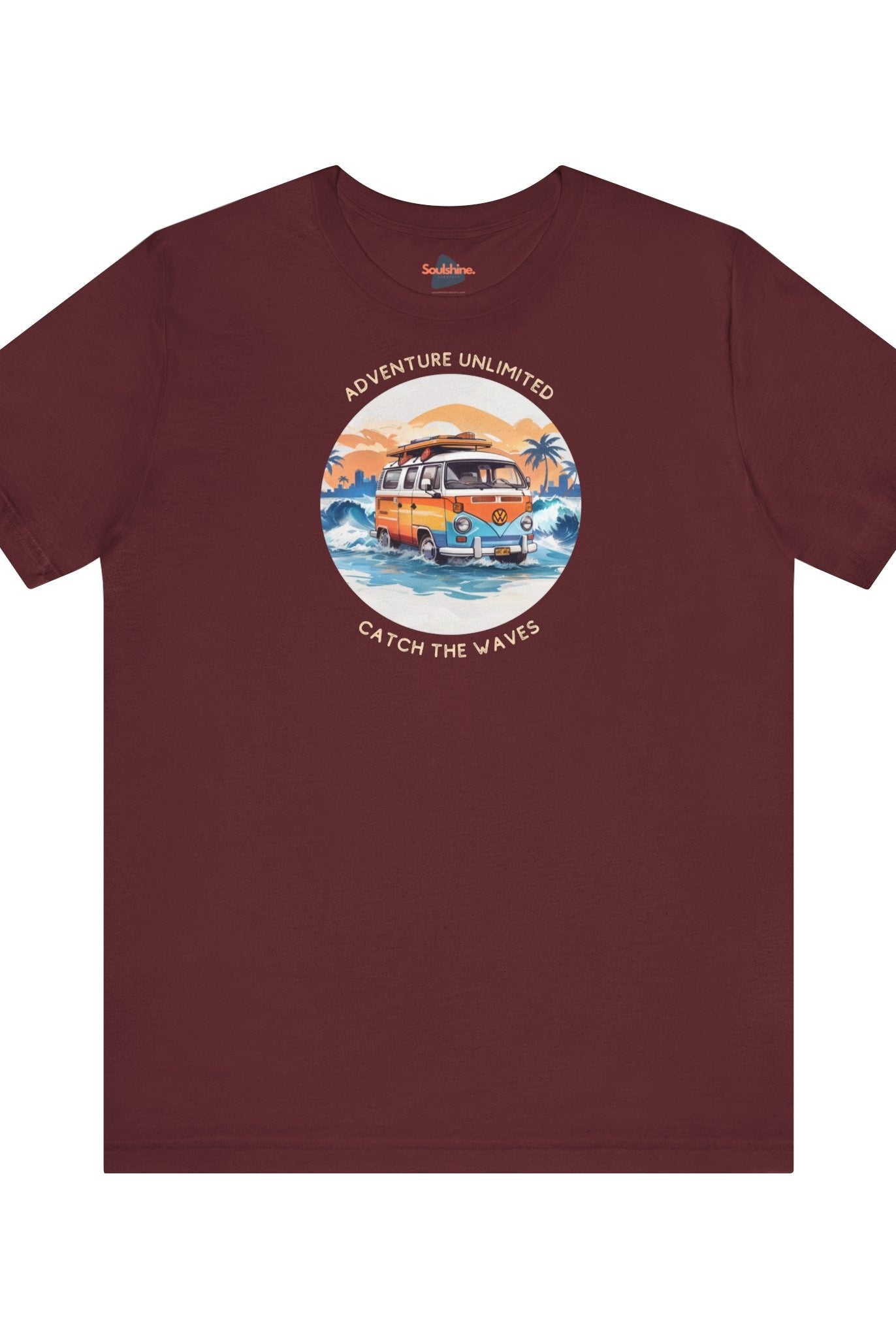 Adventure Unlimited - Surfing T-Shirt printed with ’camping’ and sunset scene
