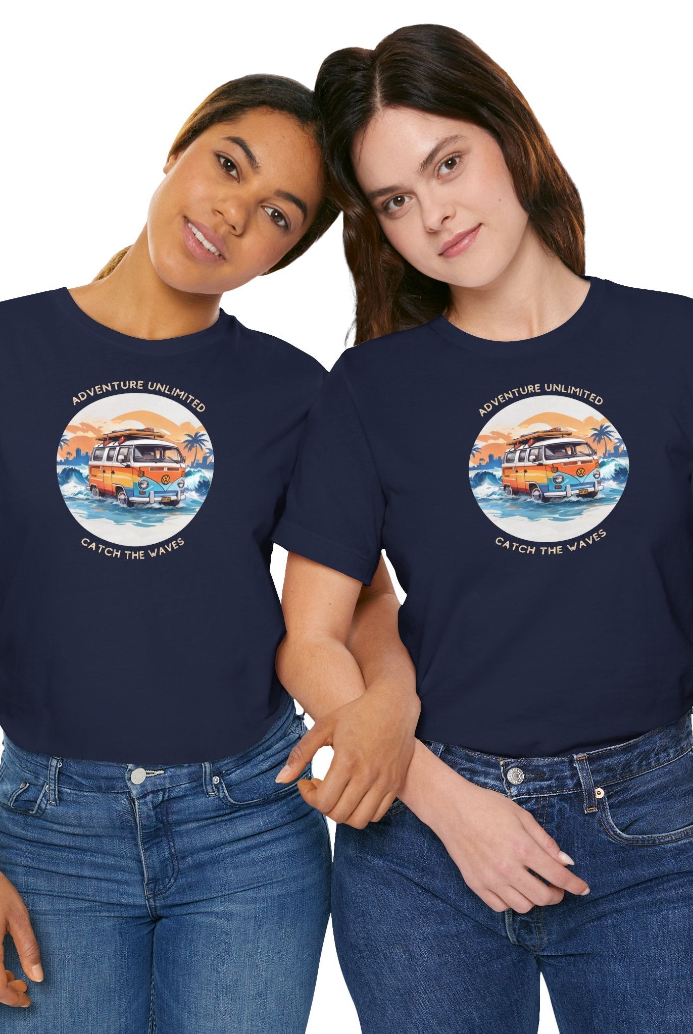 Adventure Unlimited Surfing T-Shirt featuring two women in navy tees with ’the best day’ slogan. EU, Bella & Canvas, direct-to-garment printed