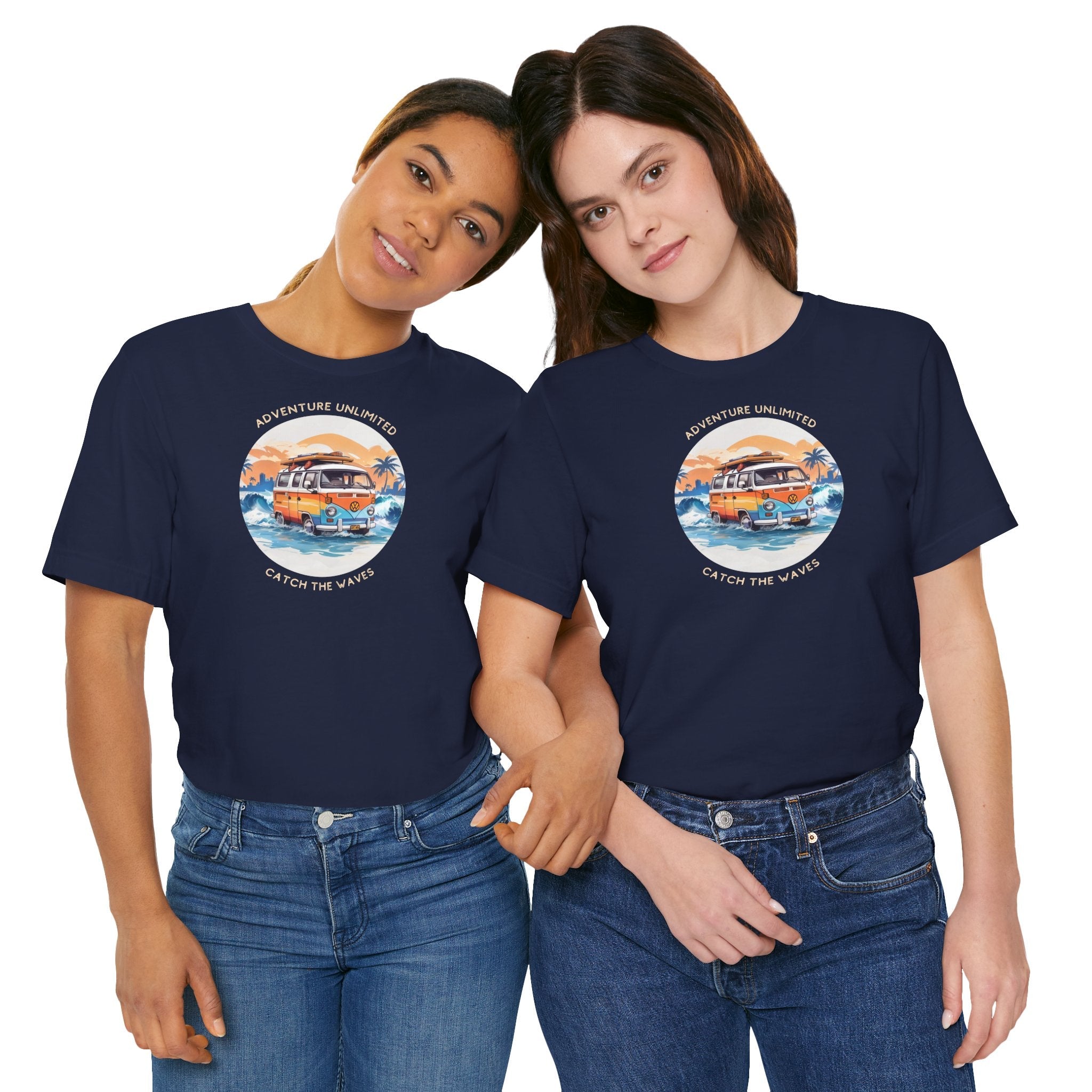 Adventure Unlimited Surfing T-Shirt featuring two women in navy tees with ’the best day’ slogan. EU, Bella & Canvas, direct-to-garment printed
