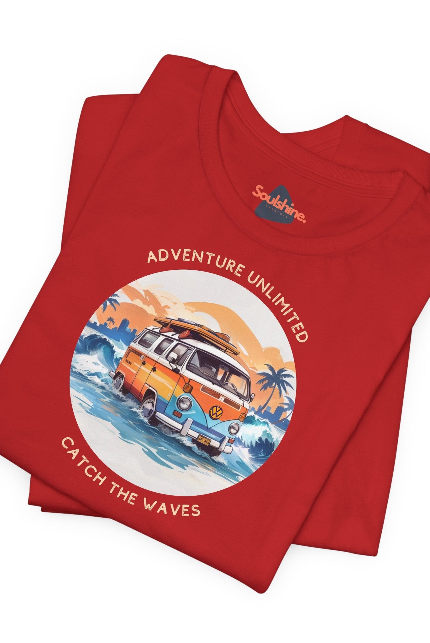 Red direct-to-garment printed surfing t-shirt with van in ocean