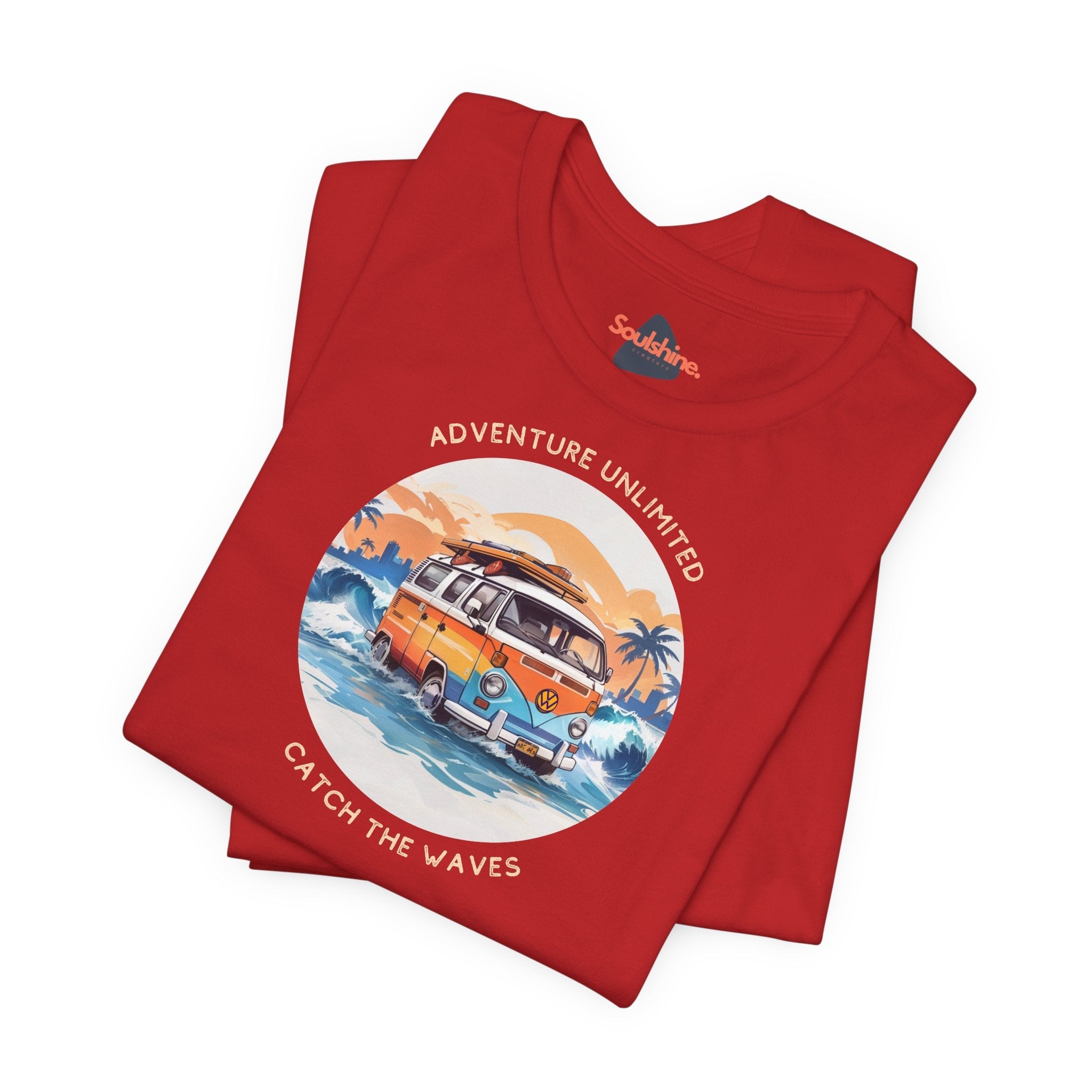 Red direct-to-garment printed surfing t-shirt with van in ocean
