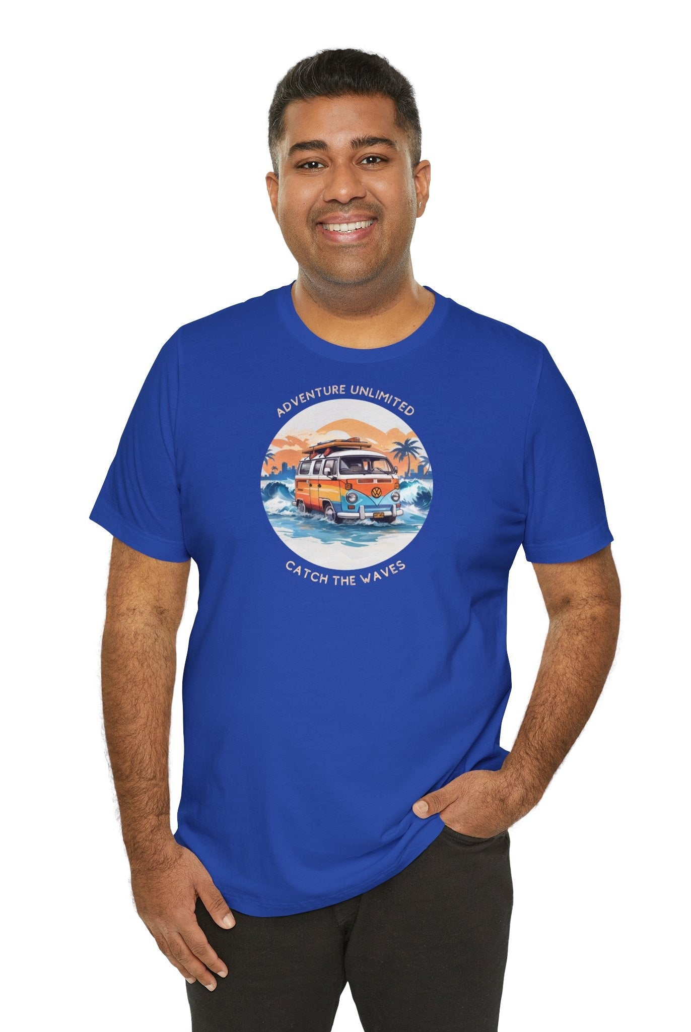 Adventure Unlimited blue t-shirt with ’the best day in the world’ printed - Bella & Canvas EU direct-to-garment item