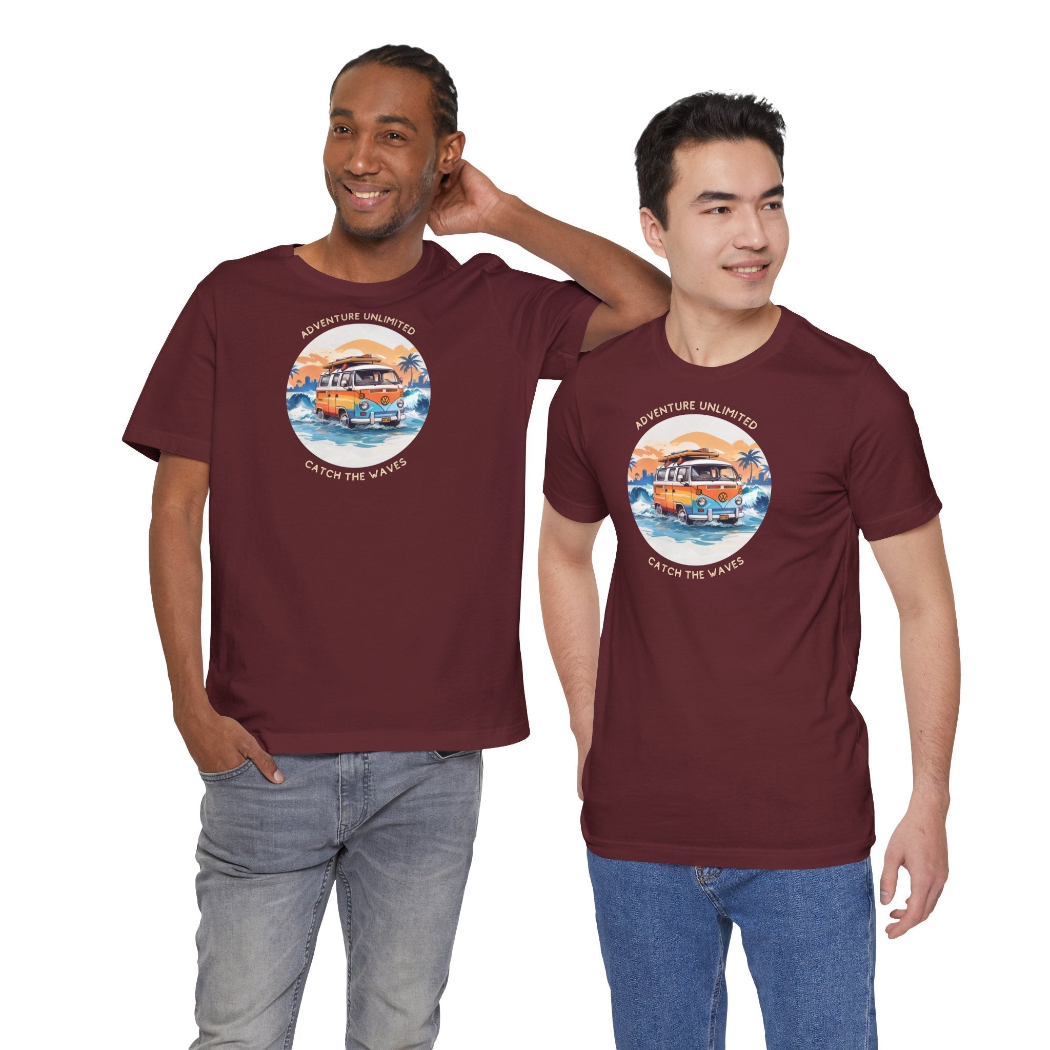 Two men in maroon Adventure Unlimited surfing T-shirts with ’the best day in the world’ printed on them
