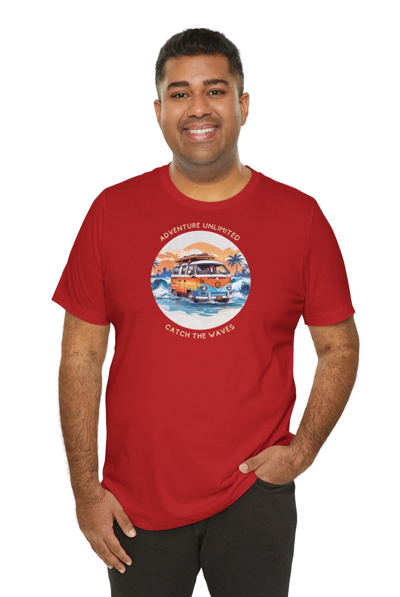 Man wearing red direct-to-garment printed t-shirt with quote ’on it’ from Adventure Unlimited Soulshinecreators