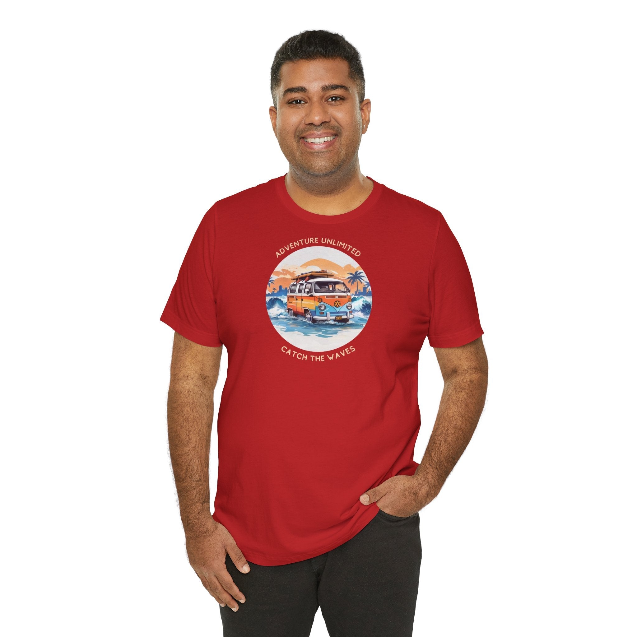 Man wearing red direct-to-garment printed t-shirt with quote ’on it’ from Adventure Unlimited Soulshinecreators