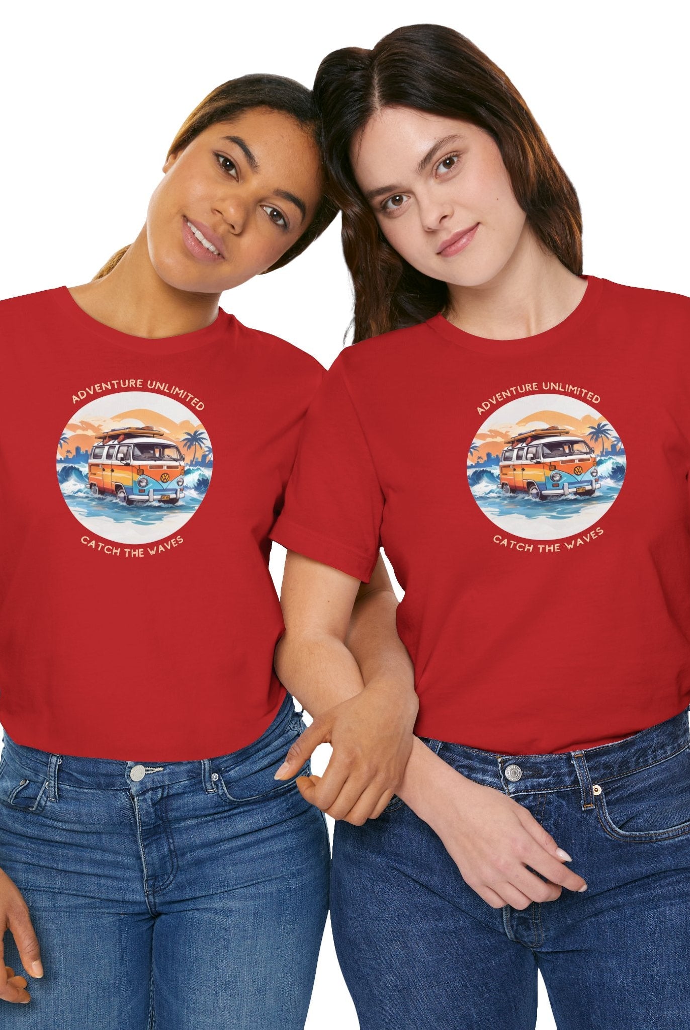 Two women wearing red Adventure Unlimited Surfing T-Shirts with direct-to-garment printed design displaying ’The Best Day Ever