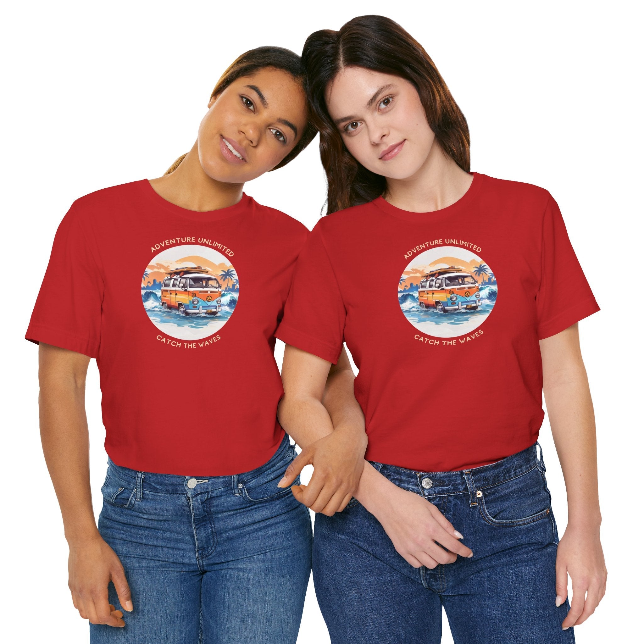 Two women wearing red Adventure Unlimited Surfing T-Shirts with direct-to-garment printed design displaying ’The Best Day Ever