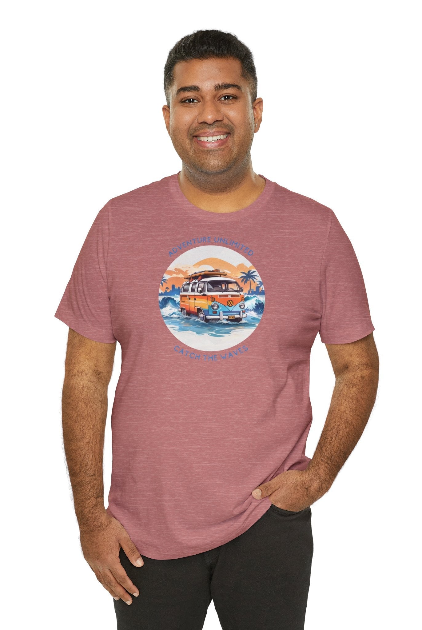 Adventure Unlimited - Surfing T-Shirt featuring a man with surfboard, direct-to-garment printed item