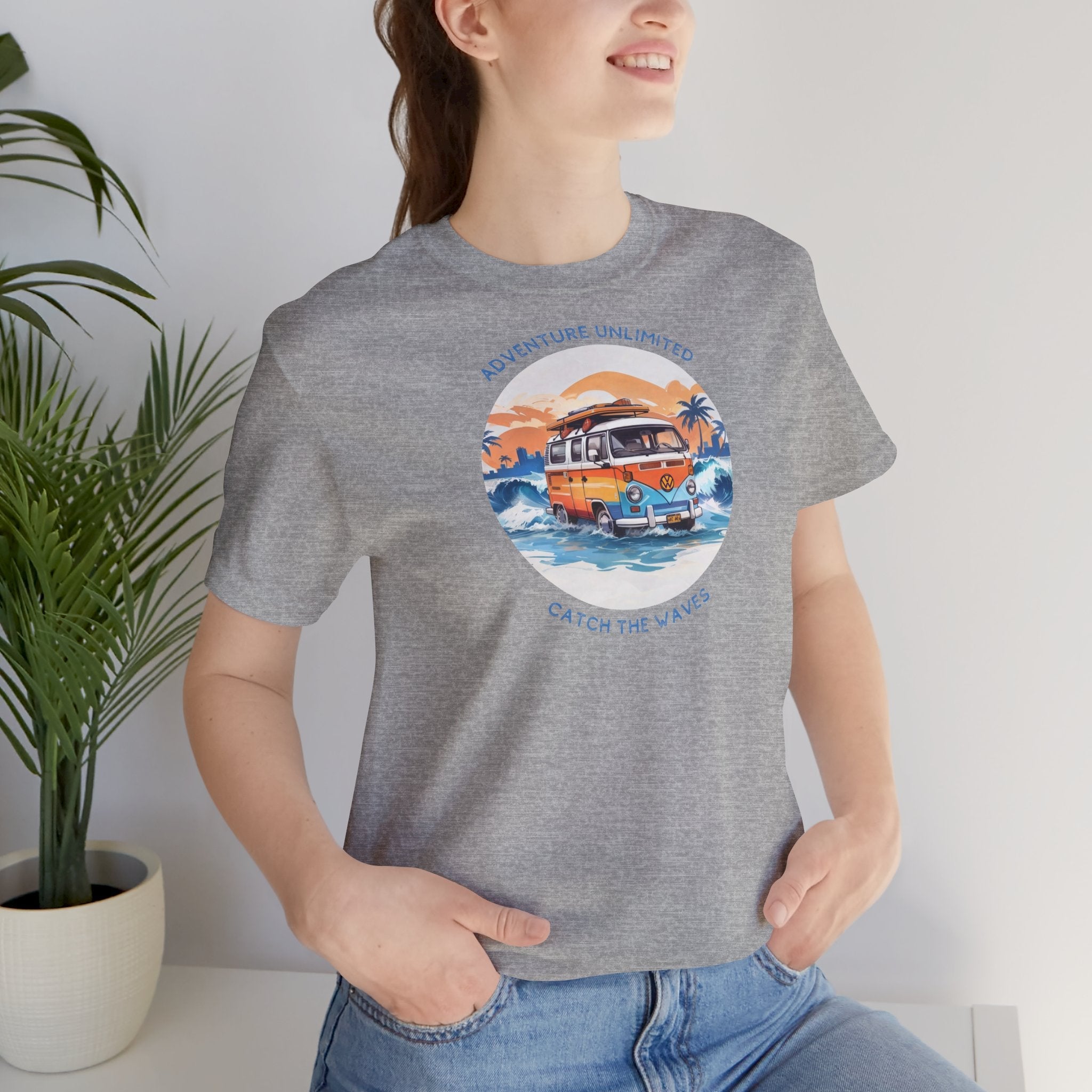 Adventure Unlimited - Surfing T-Shirt - Woman wearing a grey t-shirt with surfboard graphic, printed item