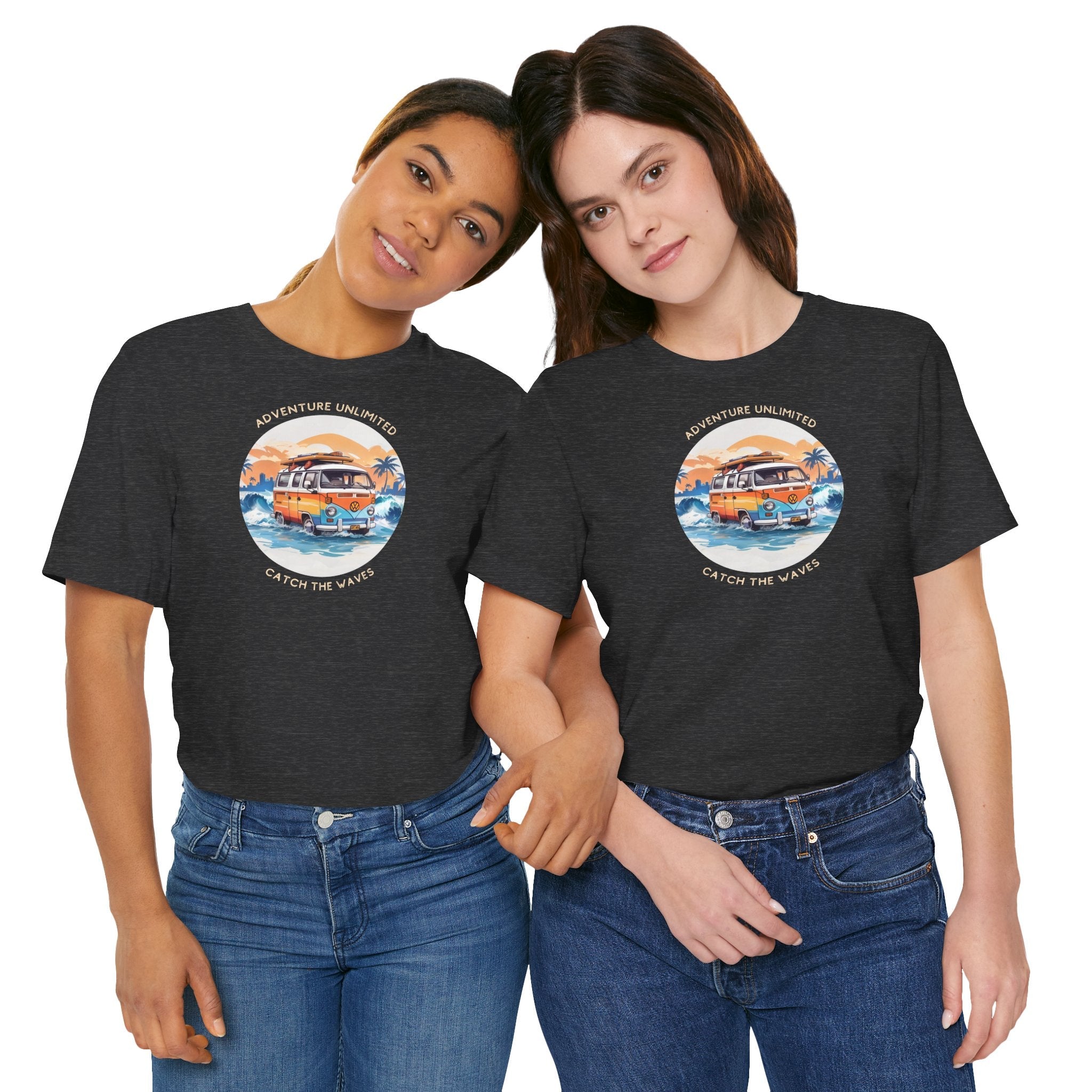 Two women wearing ’I love you’ t-shirts by Adventure Unlimited - Surfing T-Shirt - Soulshinecreators - Bella & Canvas - EU