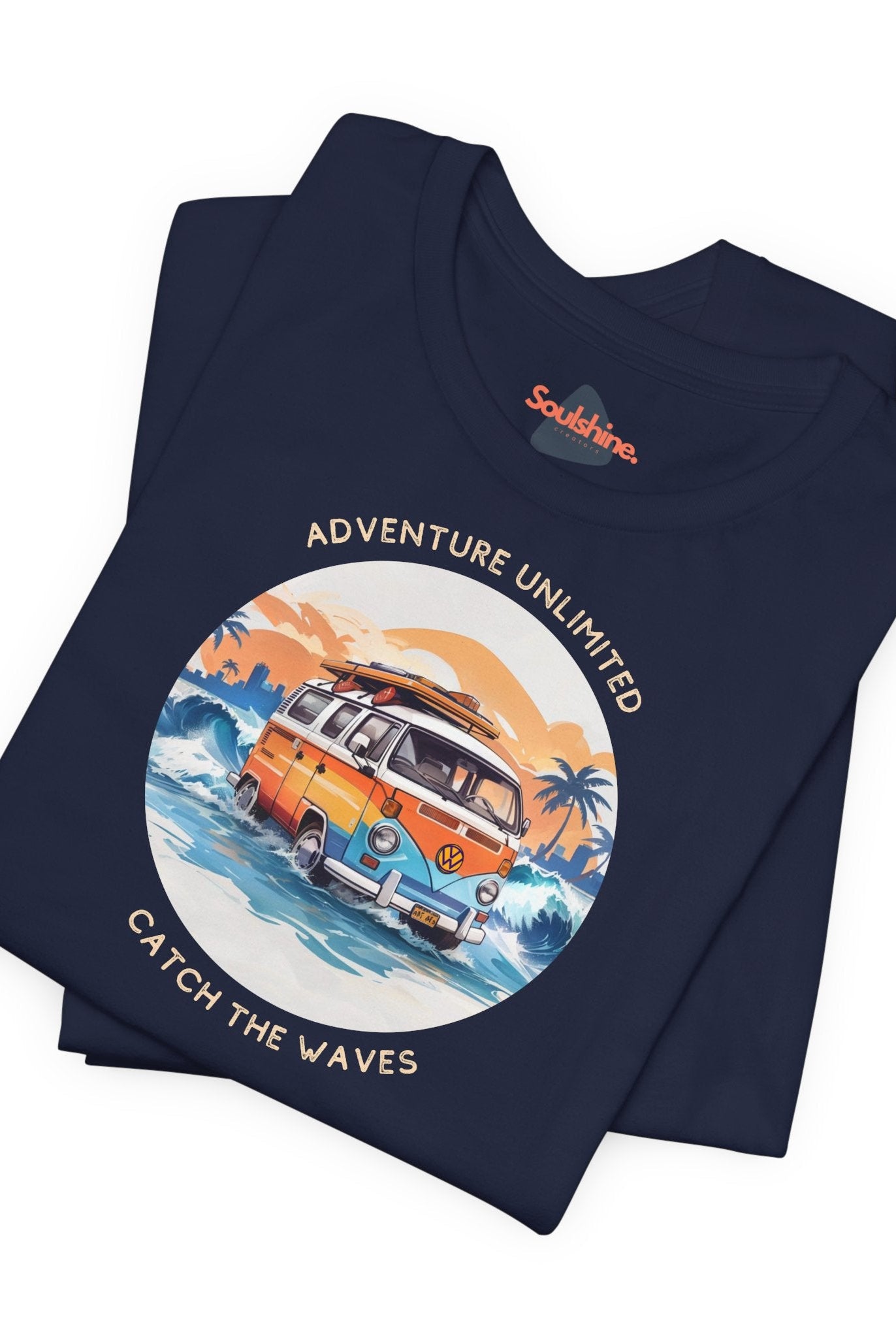 Adventure Unlimited Surfing T-Shirt - Direct-to-Garment Printed Navy Van Driving Through Ocean
