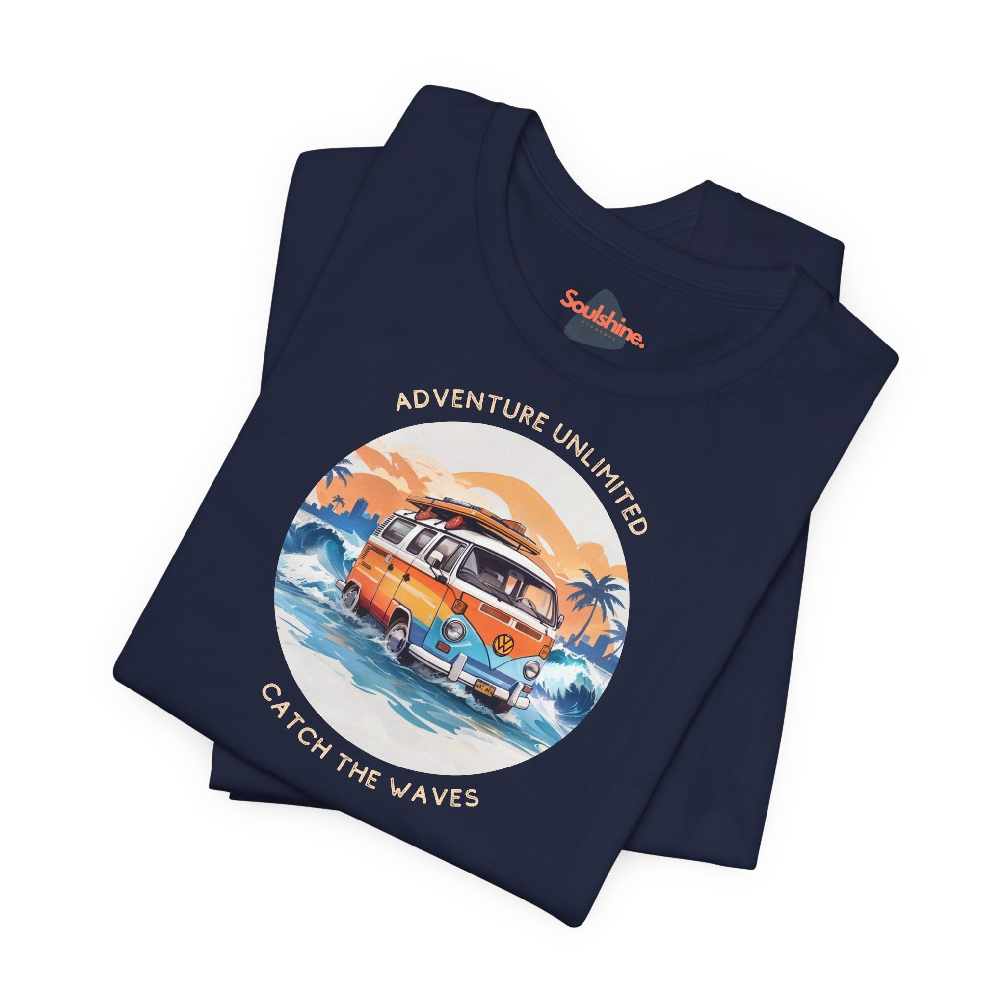 Adventure Unlimited Surfing T-Shirt - Direct-to-Garment Printed Navy Van Driving Through Ocean