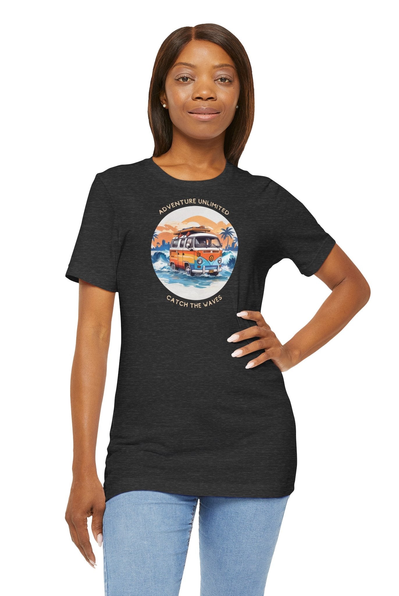 Adventure Unlimited - Surfing T-Shirt by Soulshinecreators, woman in black ’i’m’t-shirt