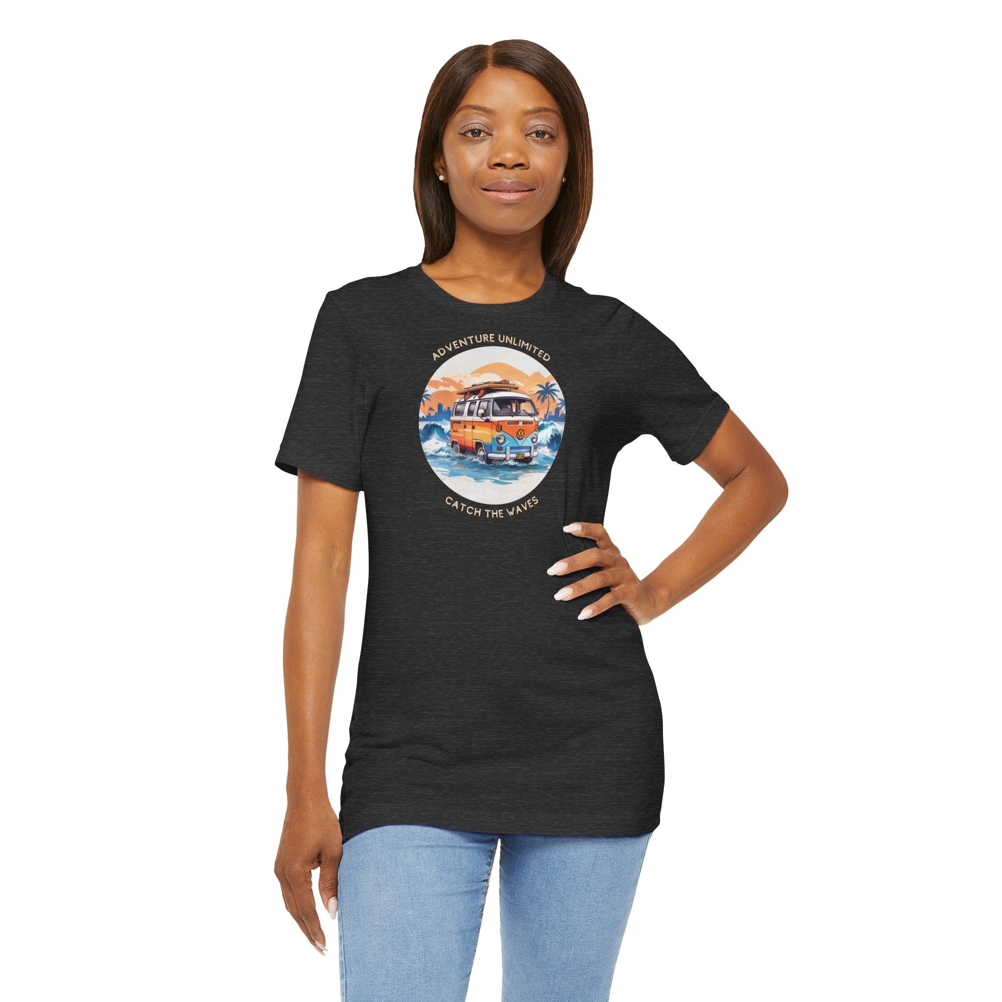 Adventure Unlimited - Surfing T-Shirt by Soulshinecreators, woman in black ’i’m’t-shirt