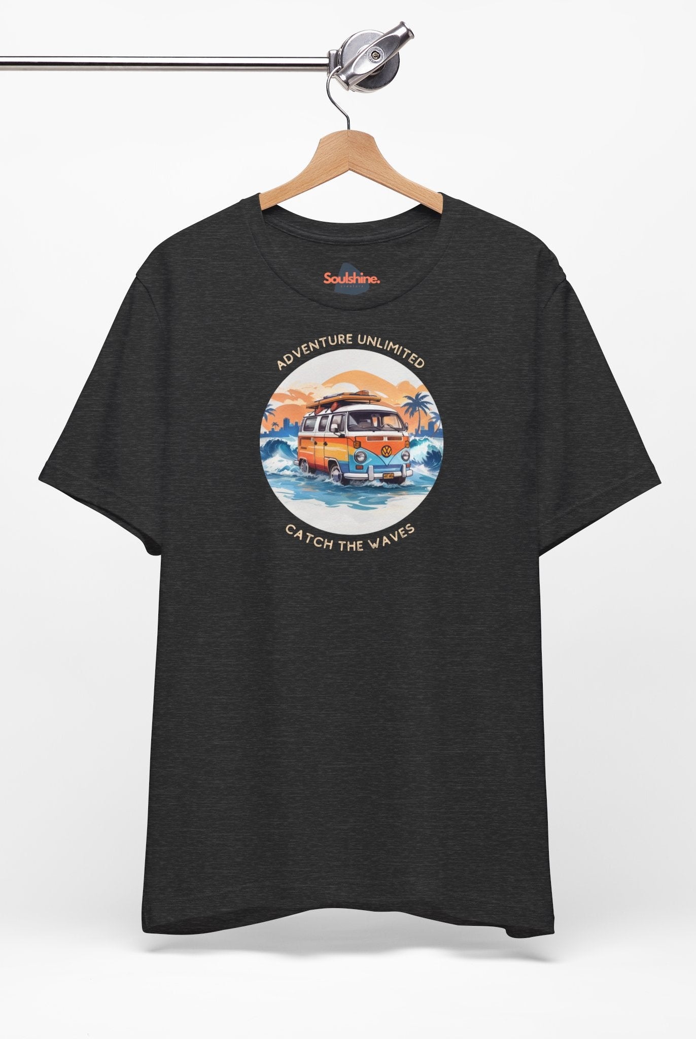 Adventure Unlimited Surfing T-Shirt printed in DTG, black tee with van on the beach