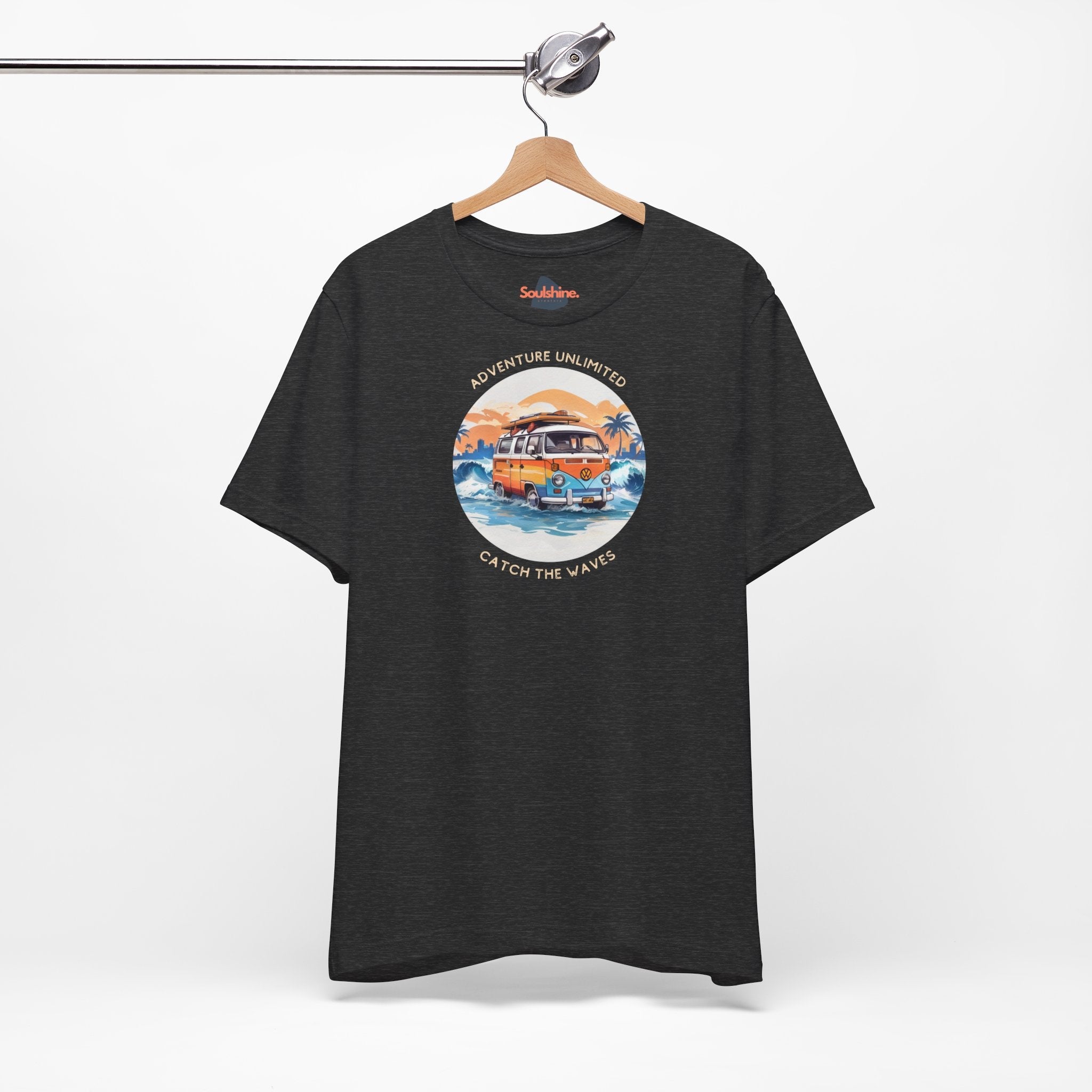 Adventure Unlimited Surfing T-Shirt printed in DTG, black tee with van on the beach