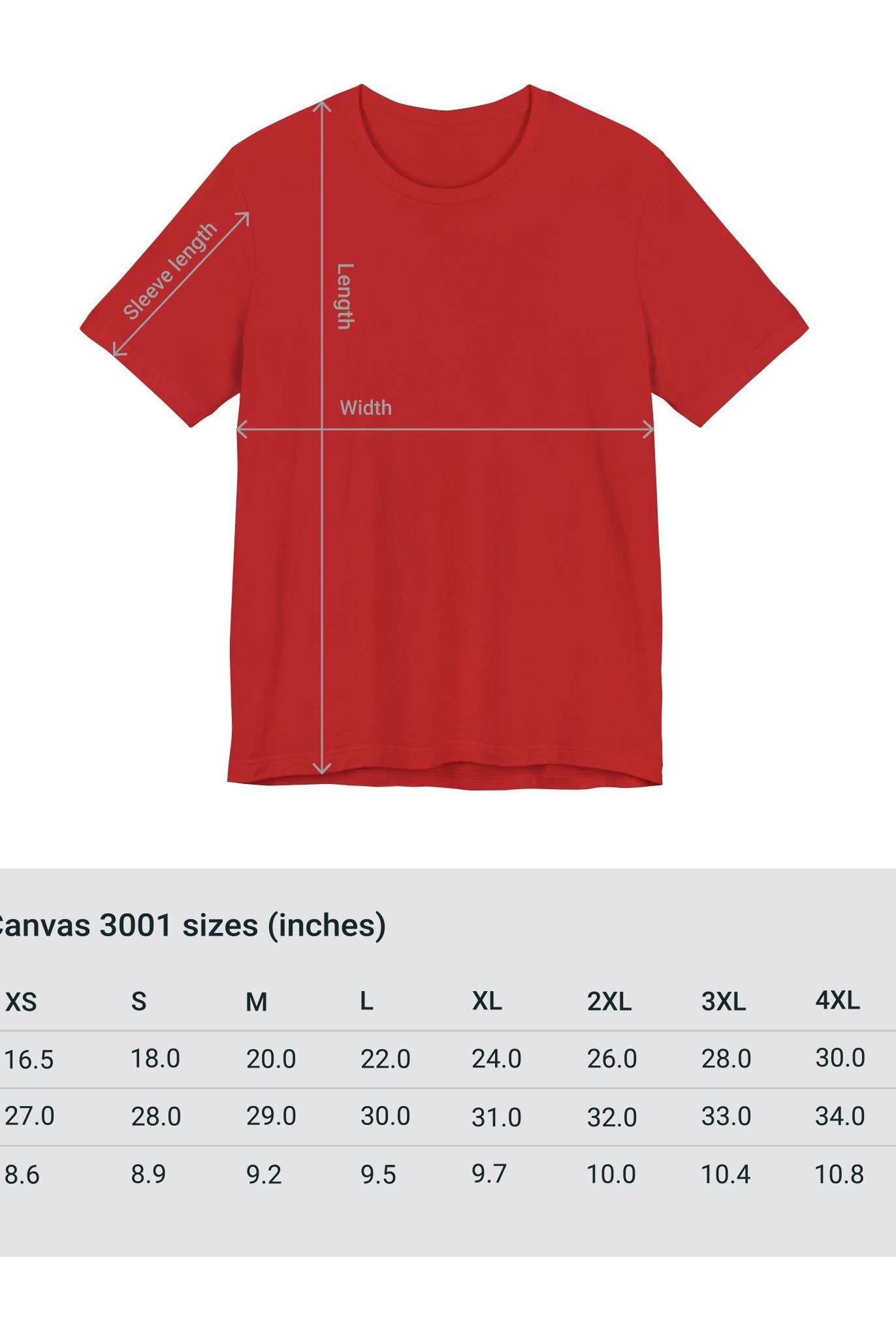 Red t-shirt with size measurements, Adventure Unlimited Surfing T-Shirt printed on Bella & Canvas EU item