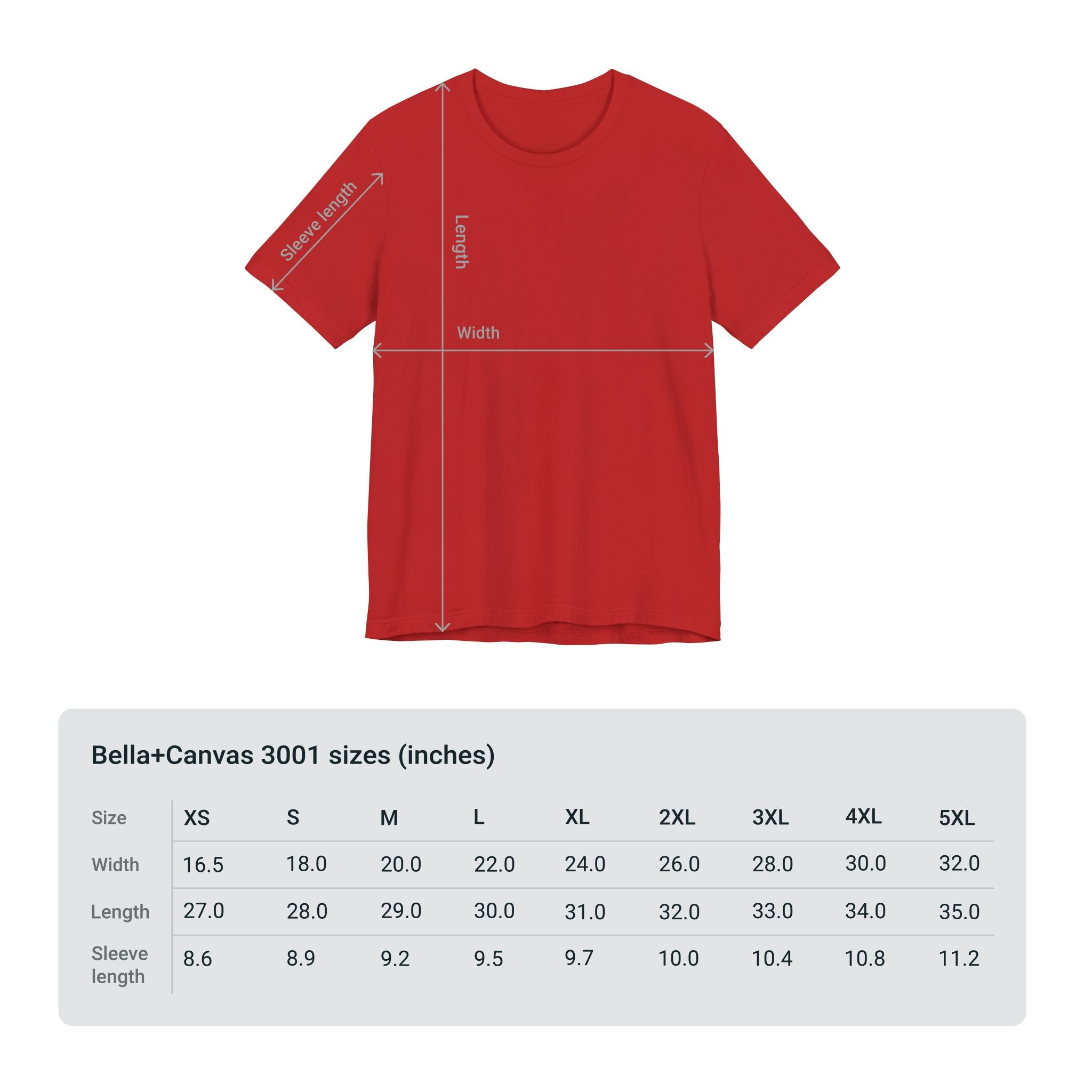 Red t-shirt with size measurements, Adventure Unlimited Surfing T-Shirt printed on Bella & Canvas EU item
