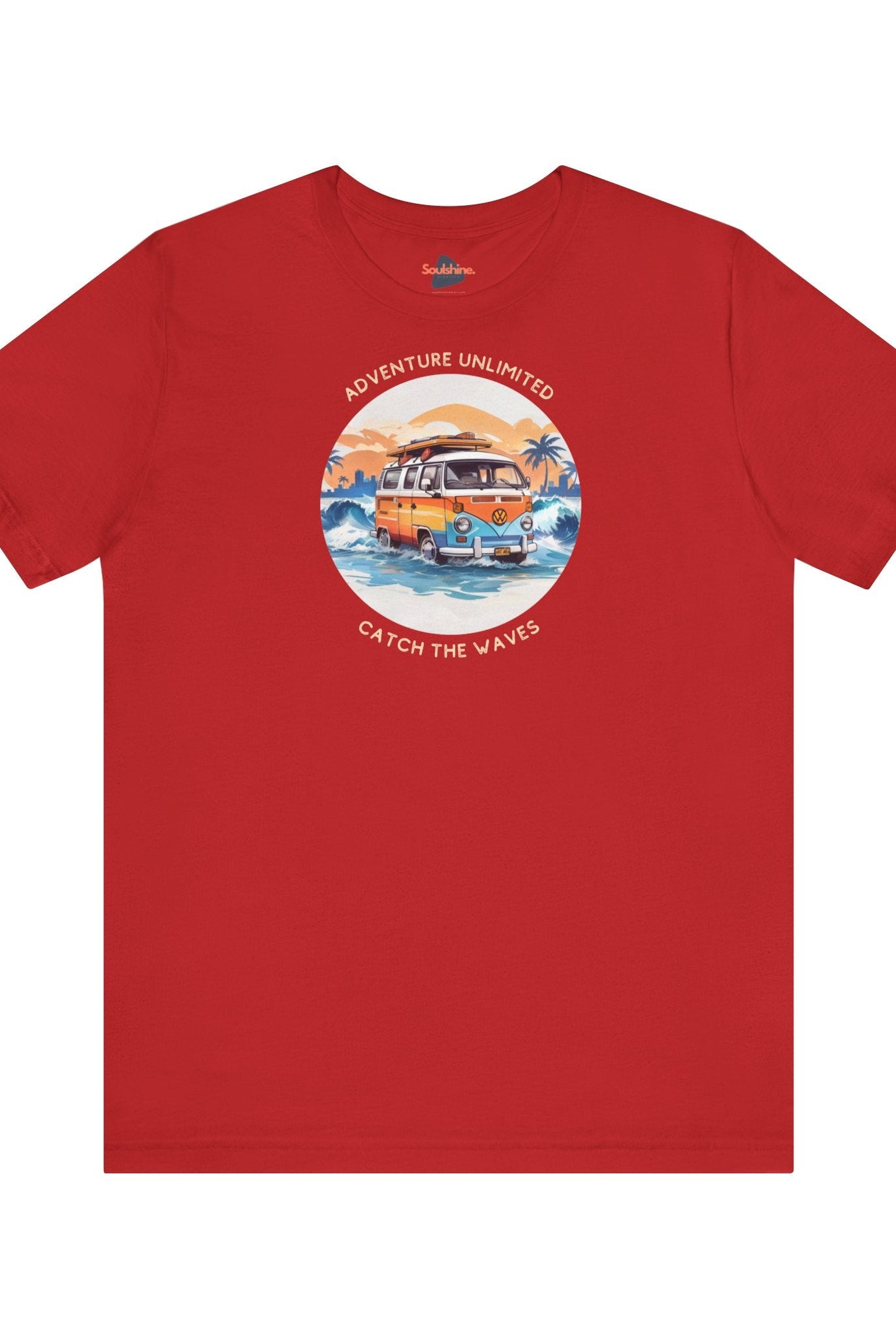 Red camper graphic T-shirt by Adventure Unlimited - Surfing Tee - Soulshinecreators - Bella Canvas EU, direct-to-garment printed item