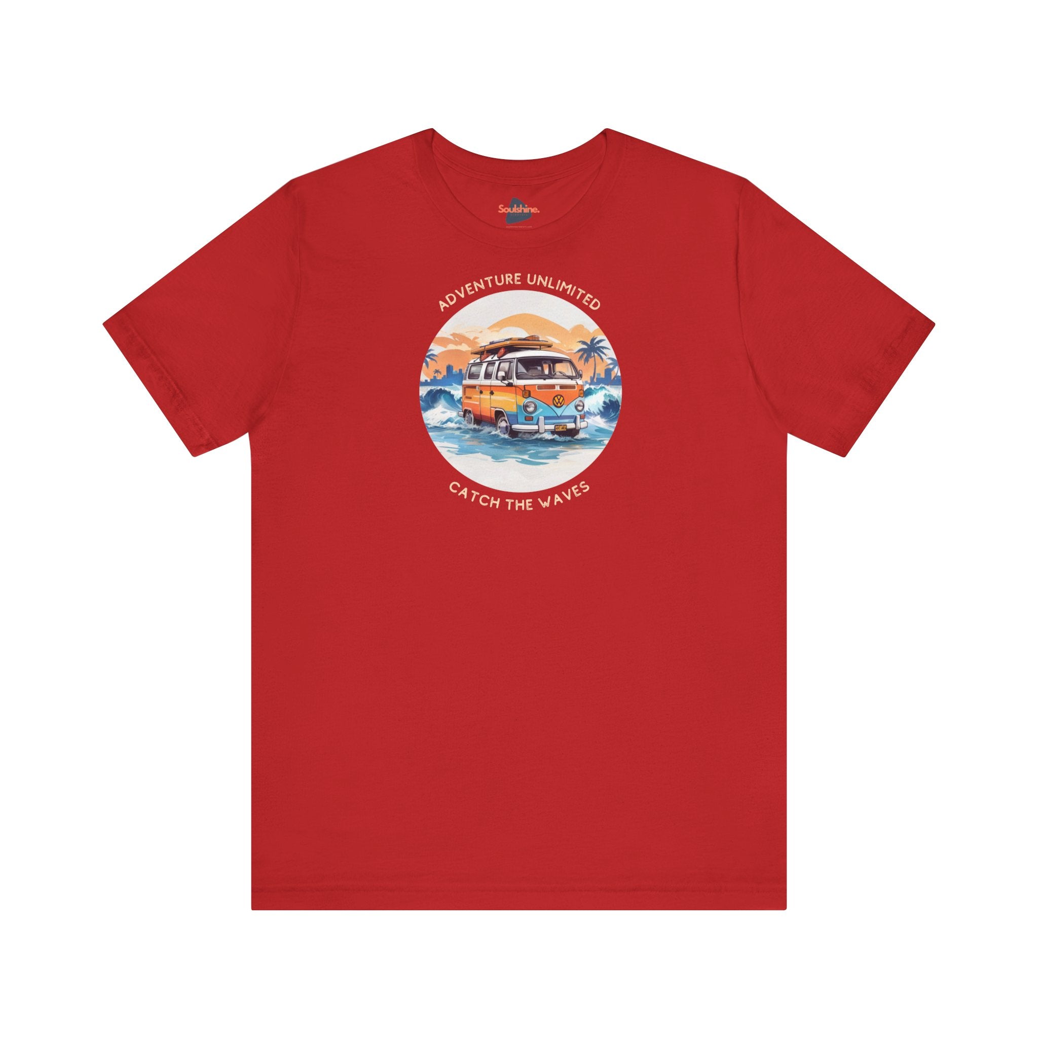 Red camper graphic T-shirt by Adventure Unlimited - Surfing Tee - Soulshinecreators - Bella Canvas EU, direct-to-garment printed item
