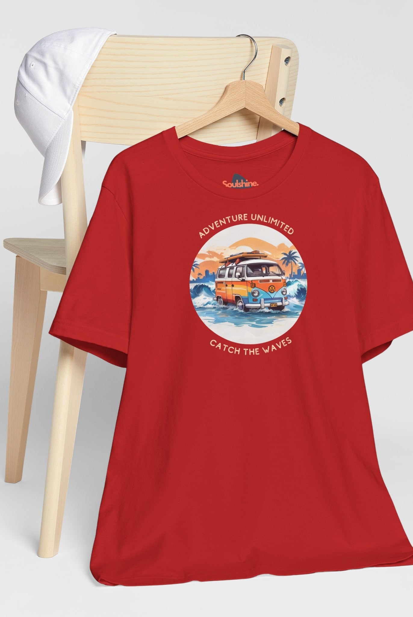 Adventure Unlimited Surfing T-Shirt with Van and Surfboard Print - Bella & Canvas EU - Direct-to-Garment Printed Item