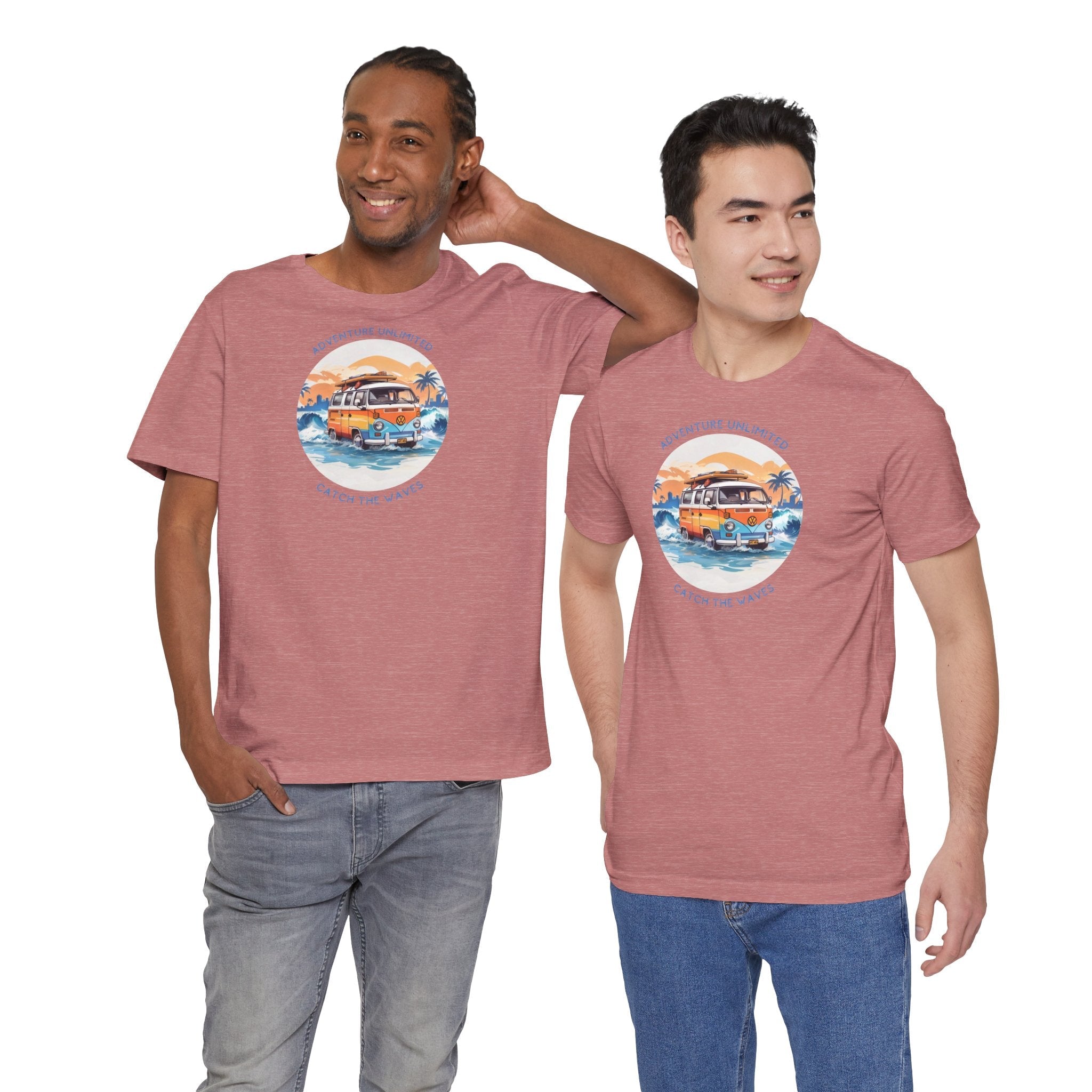 Adventure Unlimited Surfing T-Shirts with ’The Beach’ printed on two men