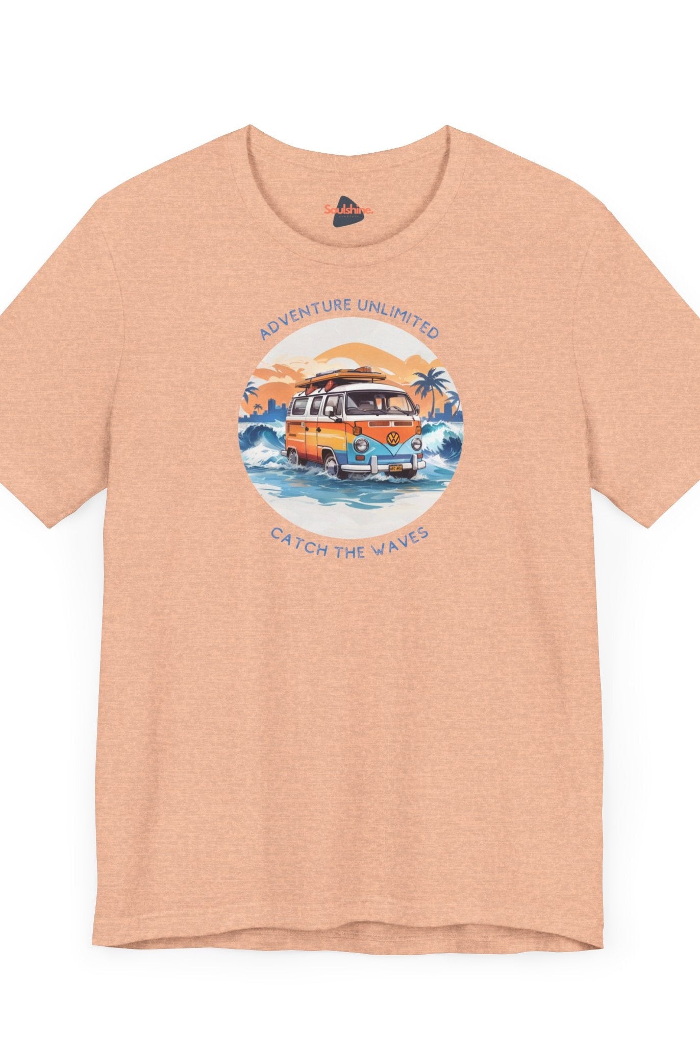 Printed direct-to-garment surfing t-shirt with van and surfboard graphic by Soulshinecreators