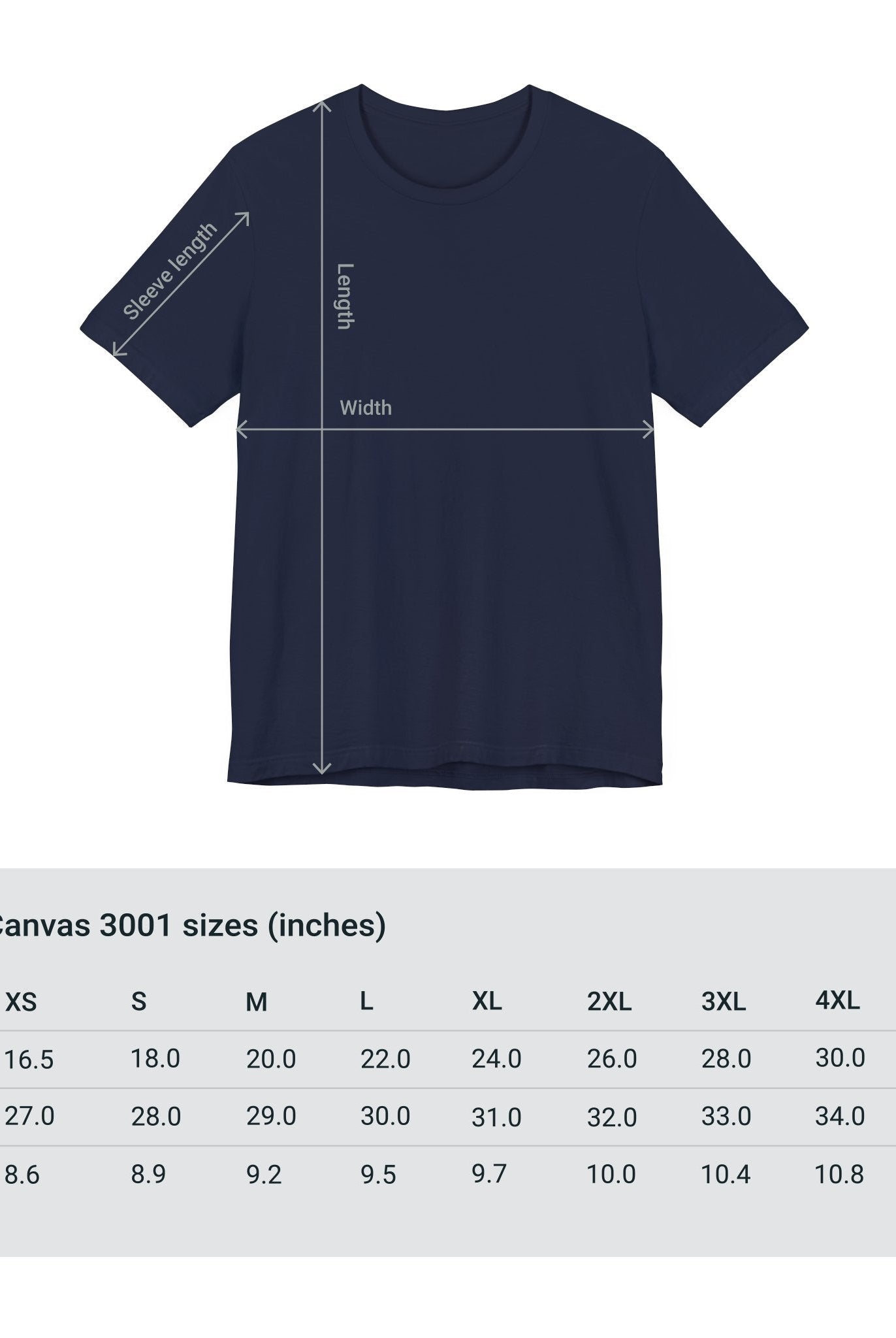 Adventure Unlimited Surfing T-Shirt Navy DTG Printed Size Measurements - Bella & Canvas EU