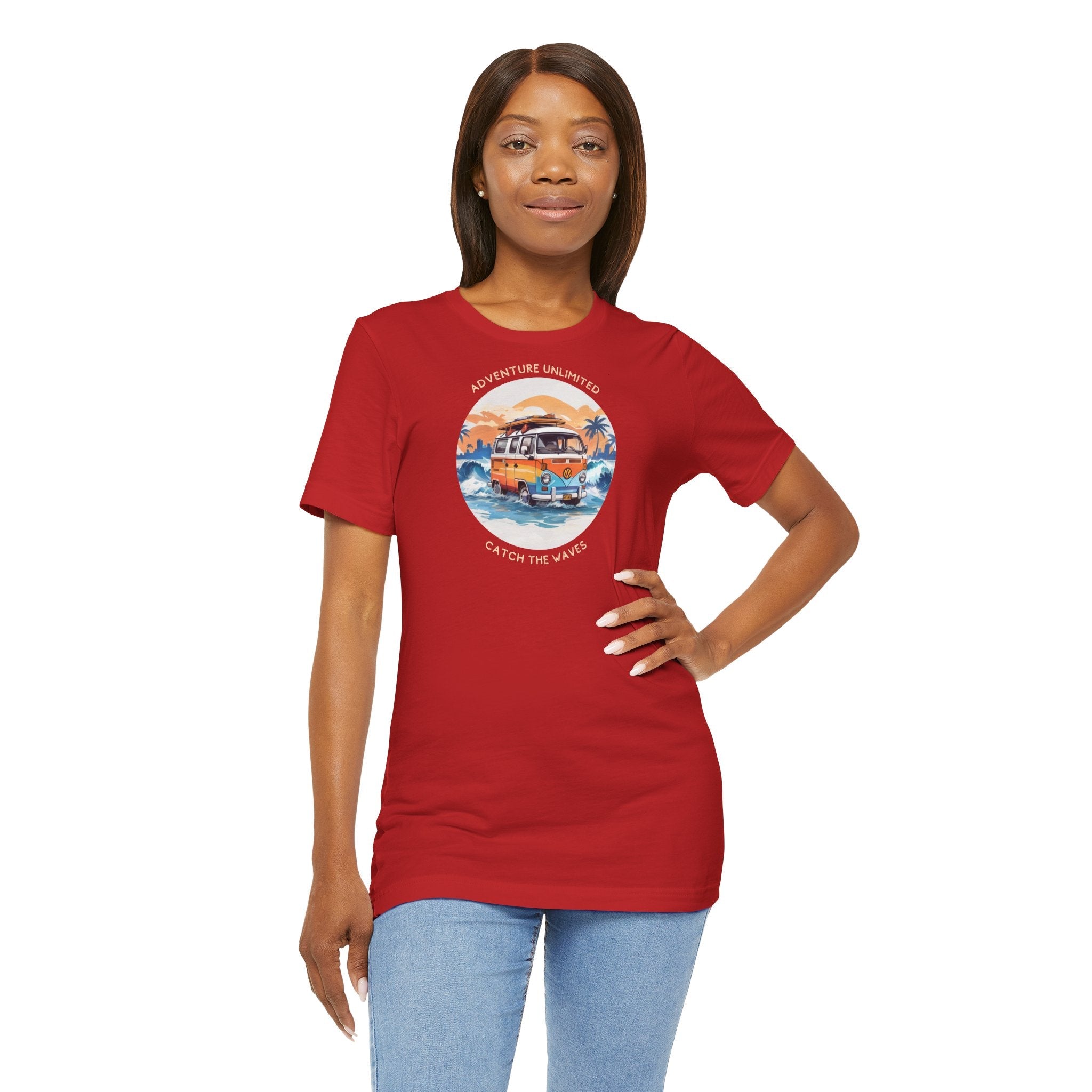 Red direct-to-garment printed t-shirt for women from Adventure Unlimited - Surfing T-Shirt - Soulshinecreators - Bella & Canvas - EU