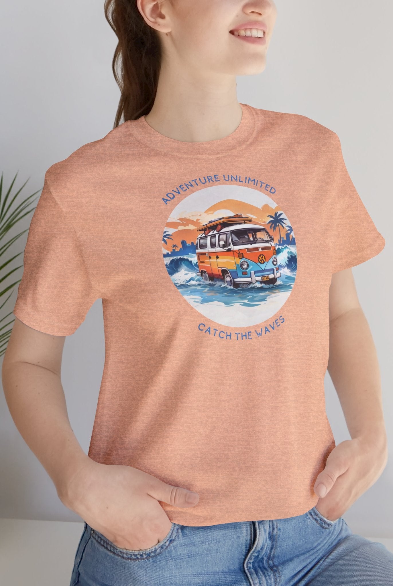 Adventure Unlimited Surfing T-Shirt with Van and Palm Trees Graphic - Printed on Bella & Canvas EU Direct-to-Garment Item