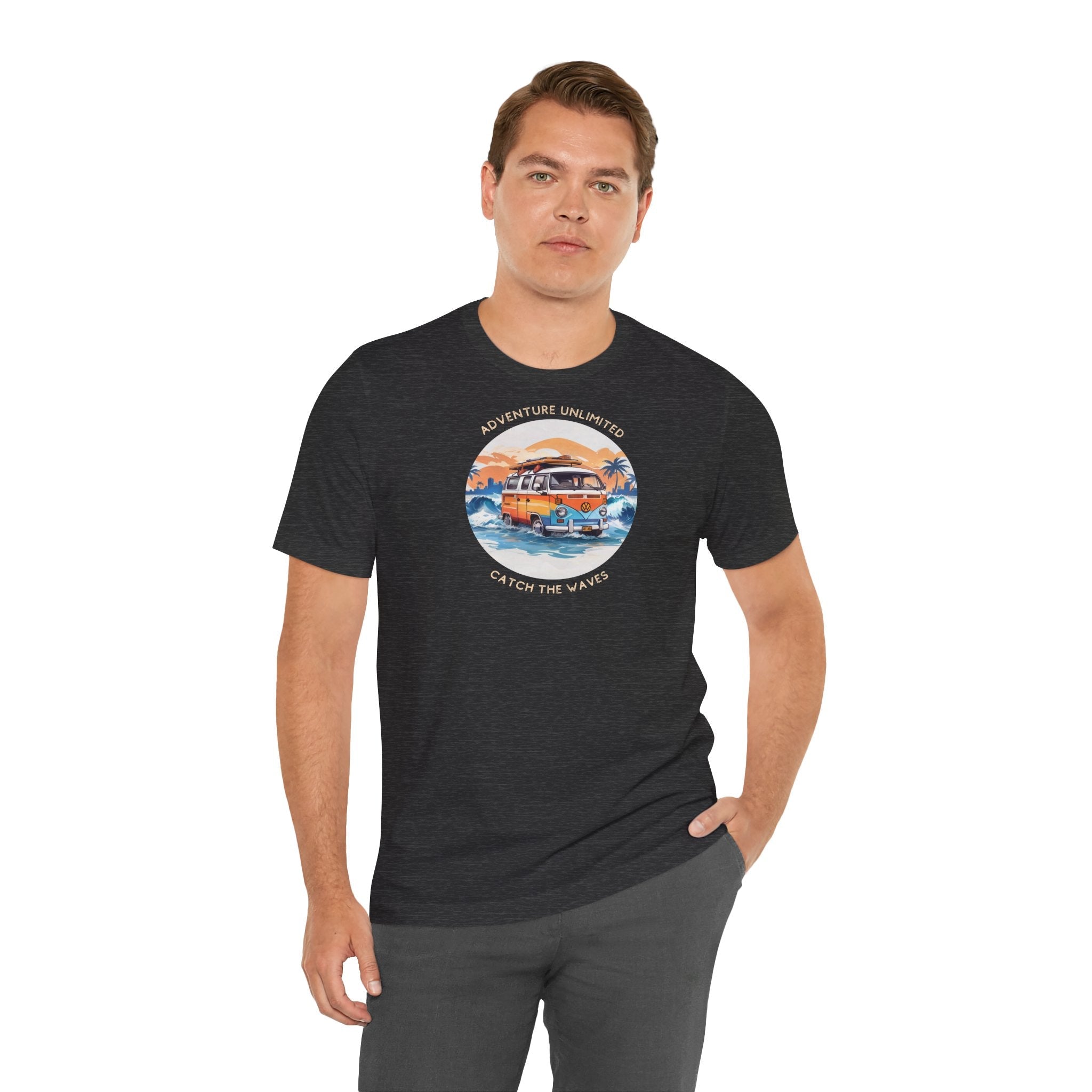 Adventure Unlimited direct-to-garment printed man in black shirt with hands in pockets Soulshinecreators Bella & Canvas EU