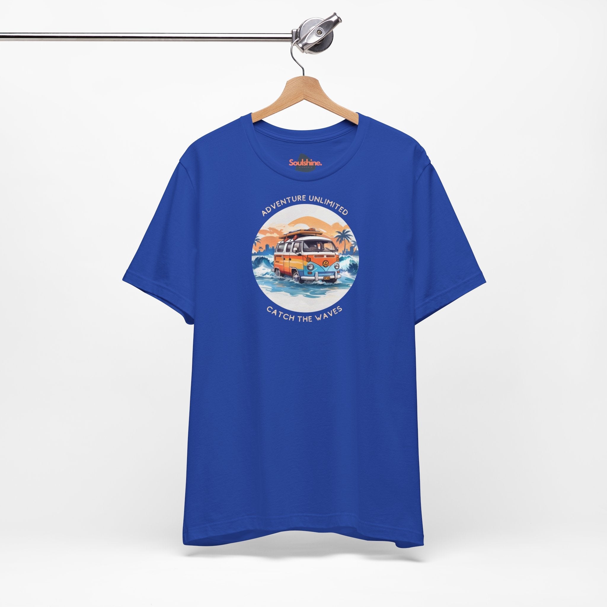 Adventure Unlimited Surfing T-Shirt in Blue - Soulshinecreators - Bella & Canvas EU - Direct-to-Garment Printed Item