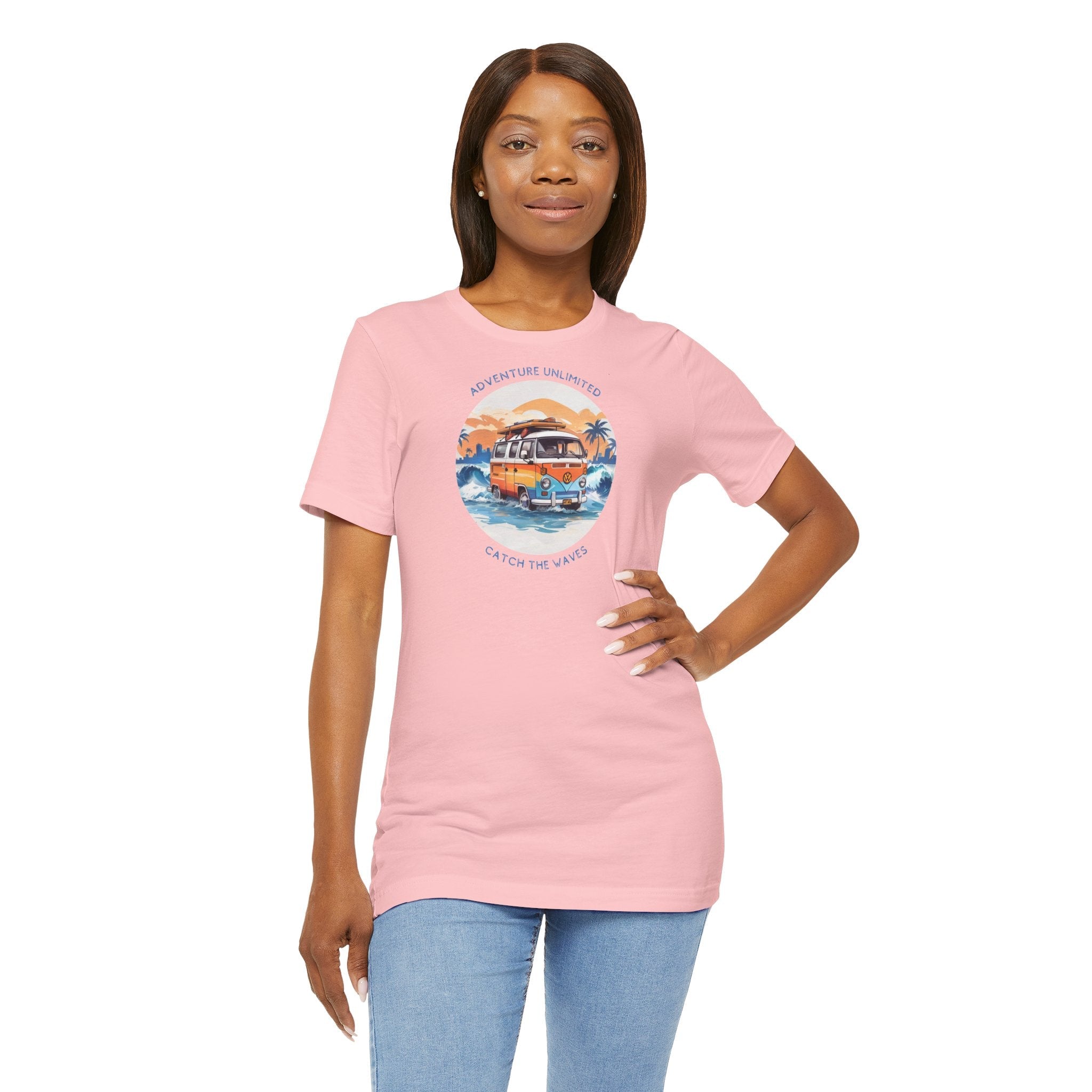 Woman wearing printed pink t-shirt ’Adventure Unlimited’ design by Soulshinecreators on Bella & Canvas EU item