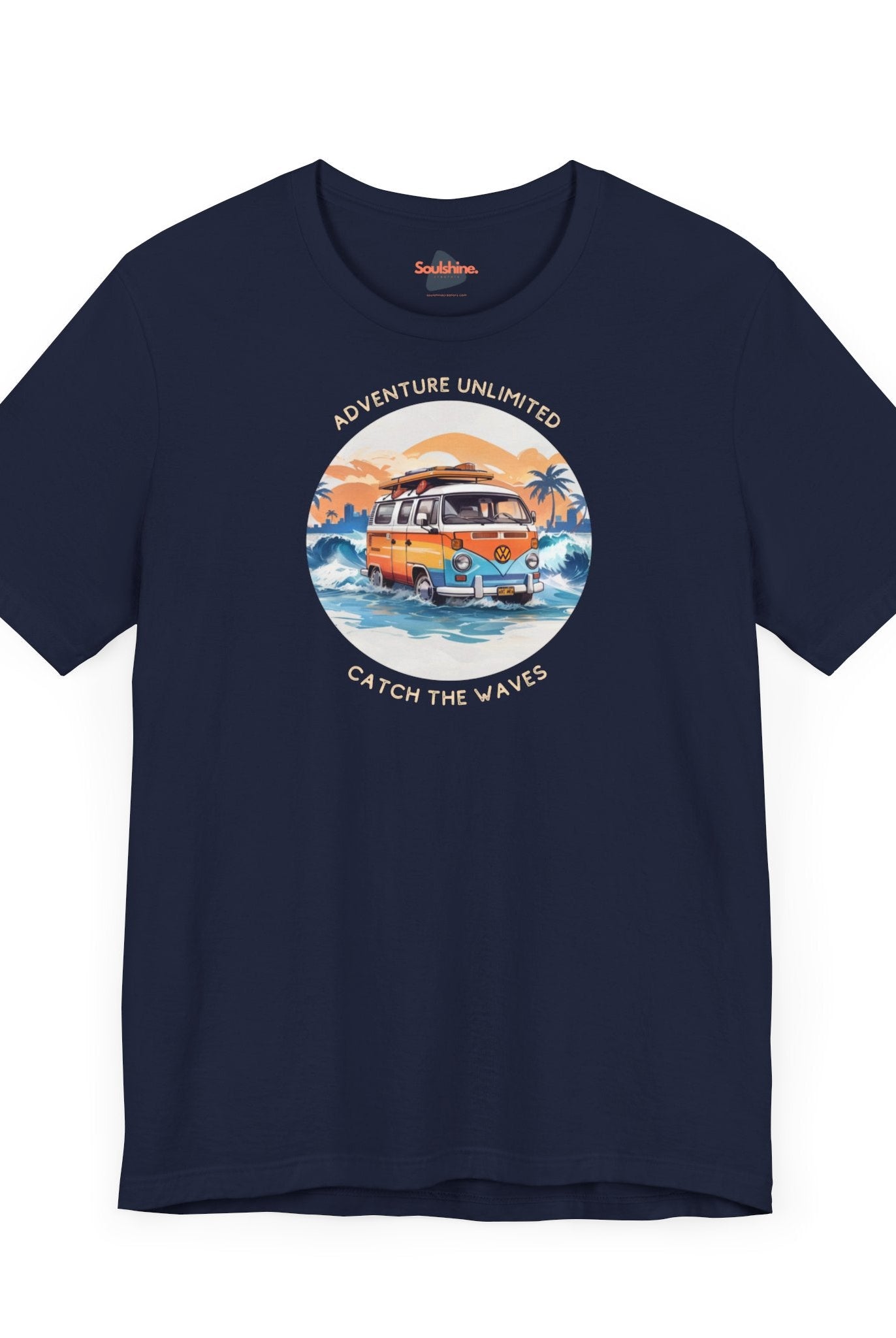 Adventure Unlimited Surfing T-Shirt with Save the Van graphic printed on navy garment