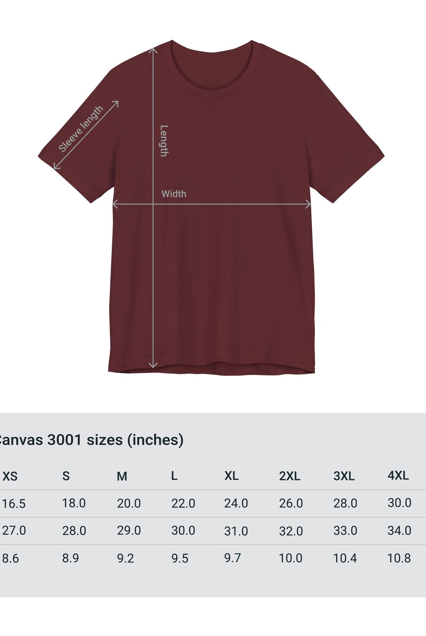 Adventure Unlimited Surfing T-Shirt size measurements displayed - Soulshinecreators - Bella & Canvas EU - Direct-to-garment printed item