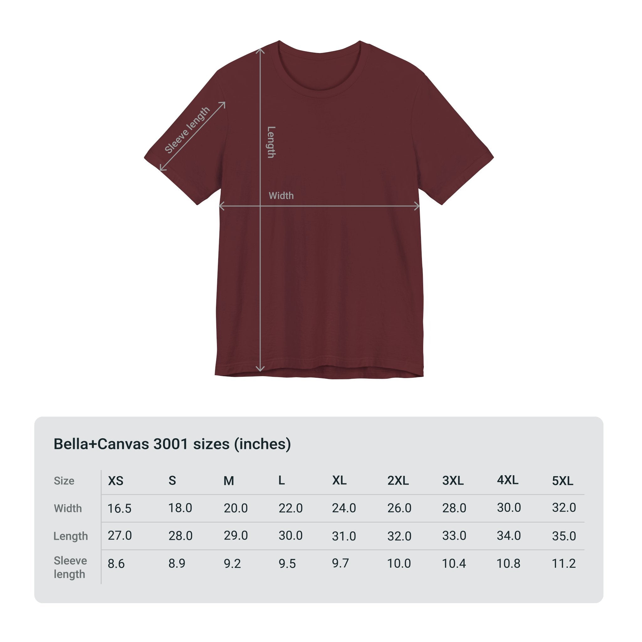 Adventure Unlimited Surfing T-Shirt size measurements displayed - Soulshinecreators - Bella & Canvas EU - Direct-to-garment printed item
