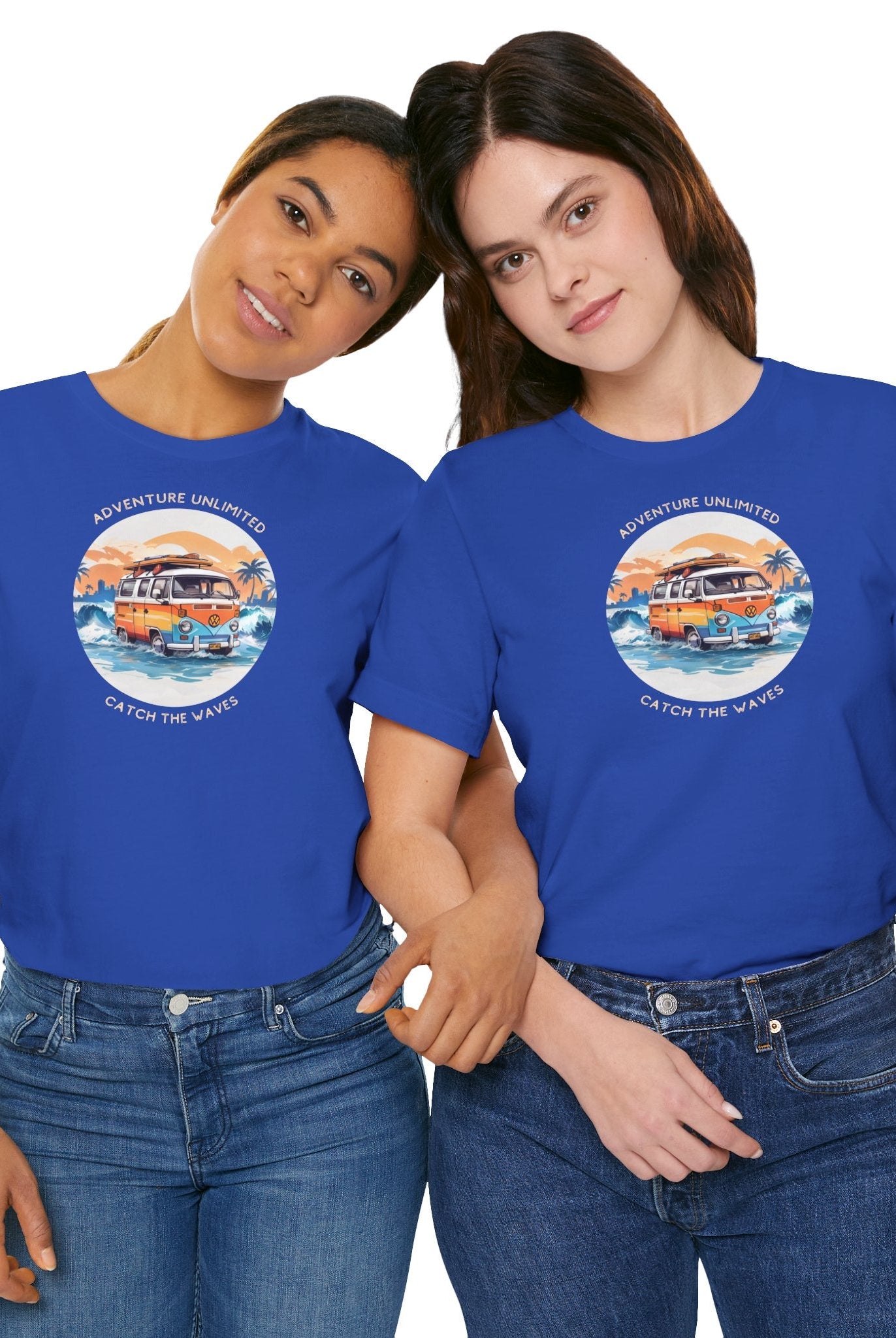 Two women wearing blue t-shirts with ’the best day ever’ direct-to-garment printed on Adventure Unlimited Surfing T-Shirt