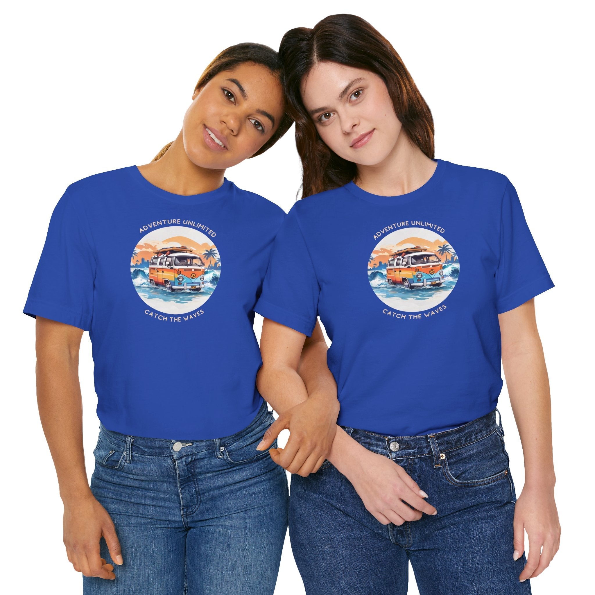 Two women wearing blue t-shirts with ’the best day ever’ direct-to-garment printed on Adventure Unlimited Surfing T-Shirt