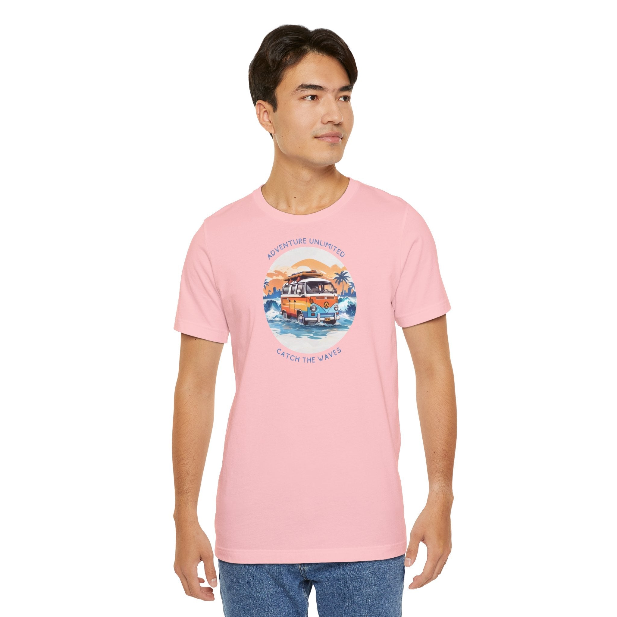 Adventure Unlimited - Surfing T-Shirt with ’I’m’ printed on a man in pink Bella & Canvas EU tee