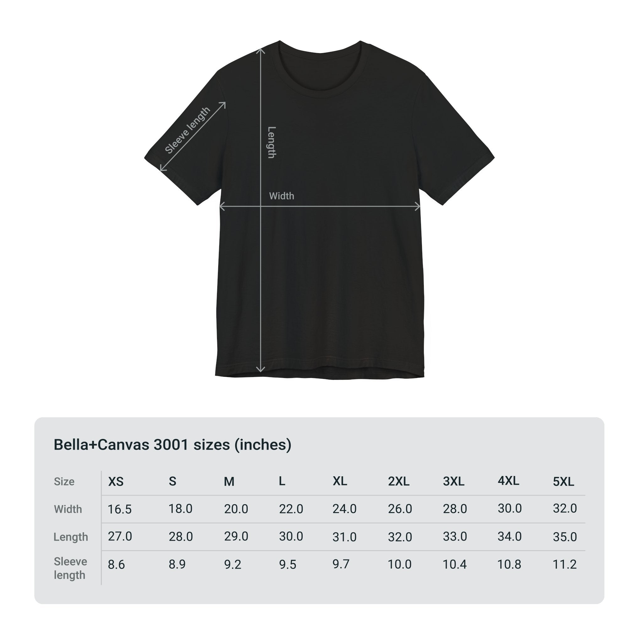 Adventure Unlimited black t-shirt with size measurements, direct-to-garment printed item