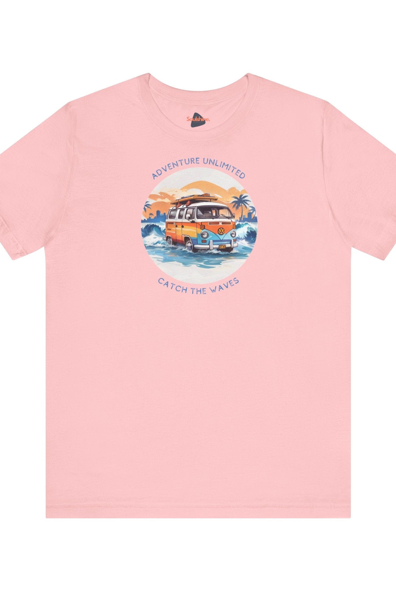 Printed pink t shirt with car graphic and Adventure Unlimited text on Bella & Canvas item