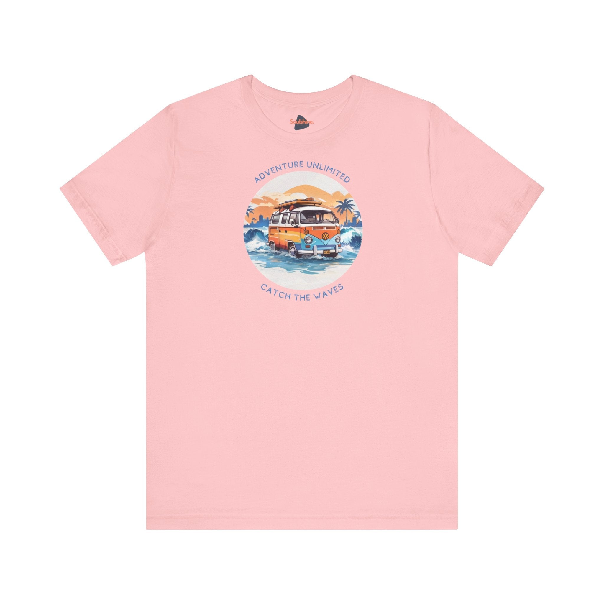 Printed pink t shirt with car graphic and Adventure Unlimited text on Bella & Canvas item