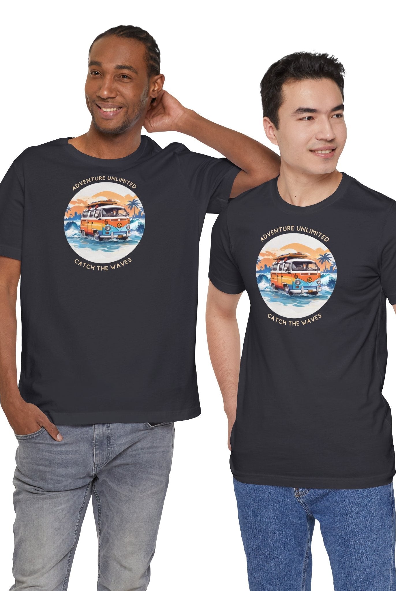 Two men in black t-shirts with ’The Best Day in the World’ printed on Adventure Unlimited Surfing T-Shirt