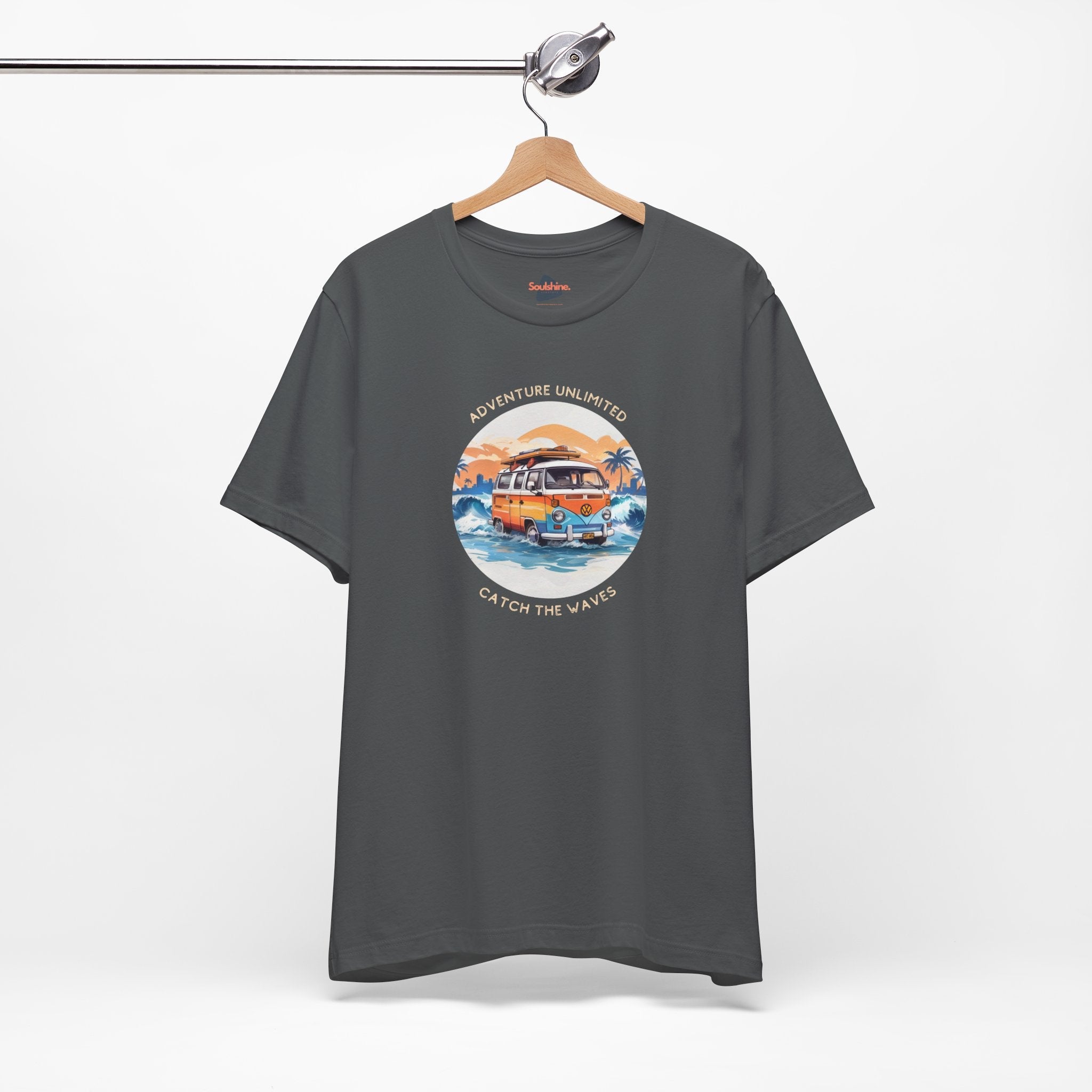 Adventure Unlimited printed boat design on grey t-shirt_Item US, Direct-to-garment_Unisex Jersey Tee