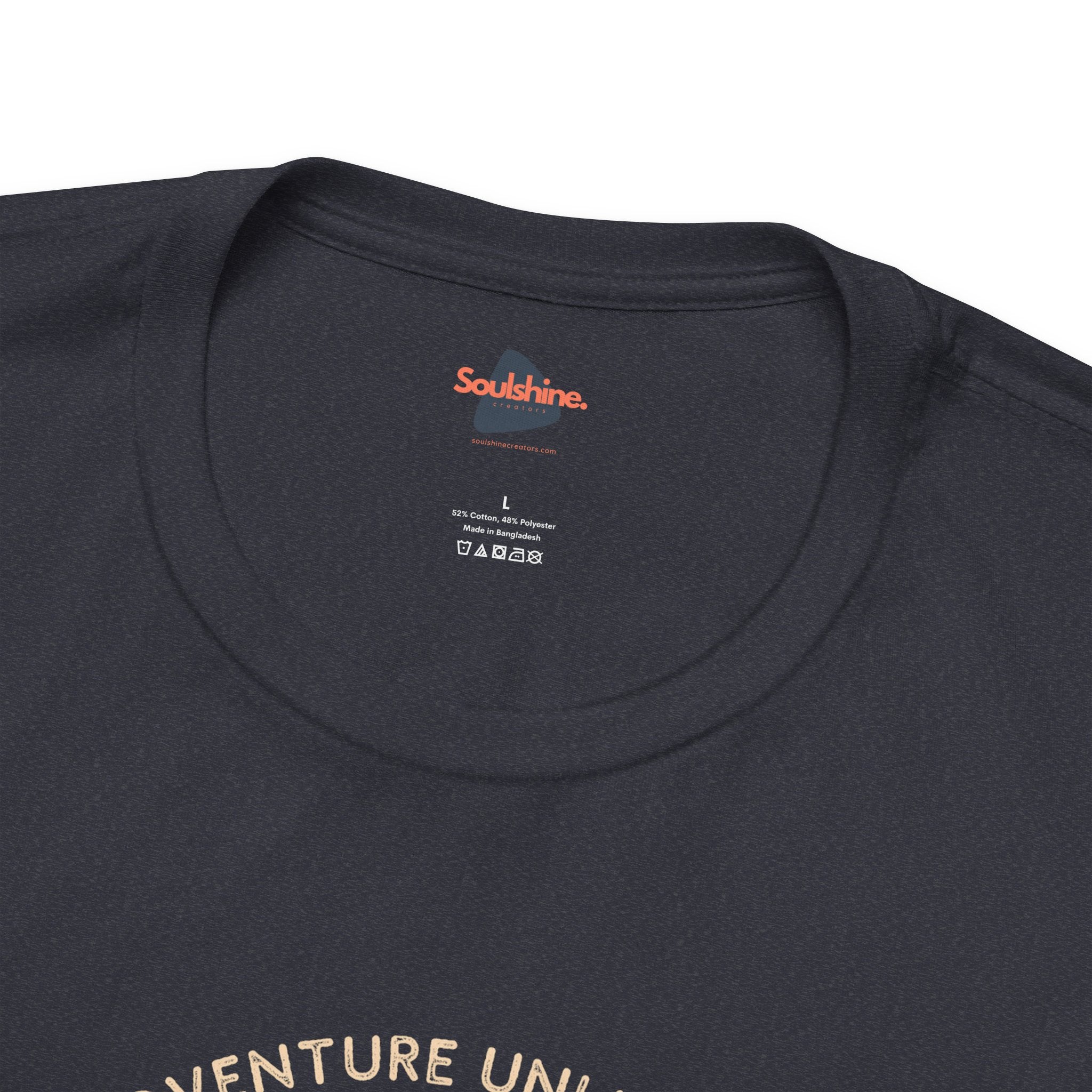 Adventure Unlimited printed unisex black t shirt with the word ’adventure