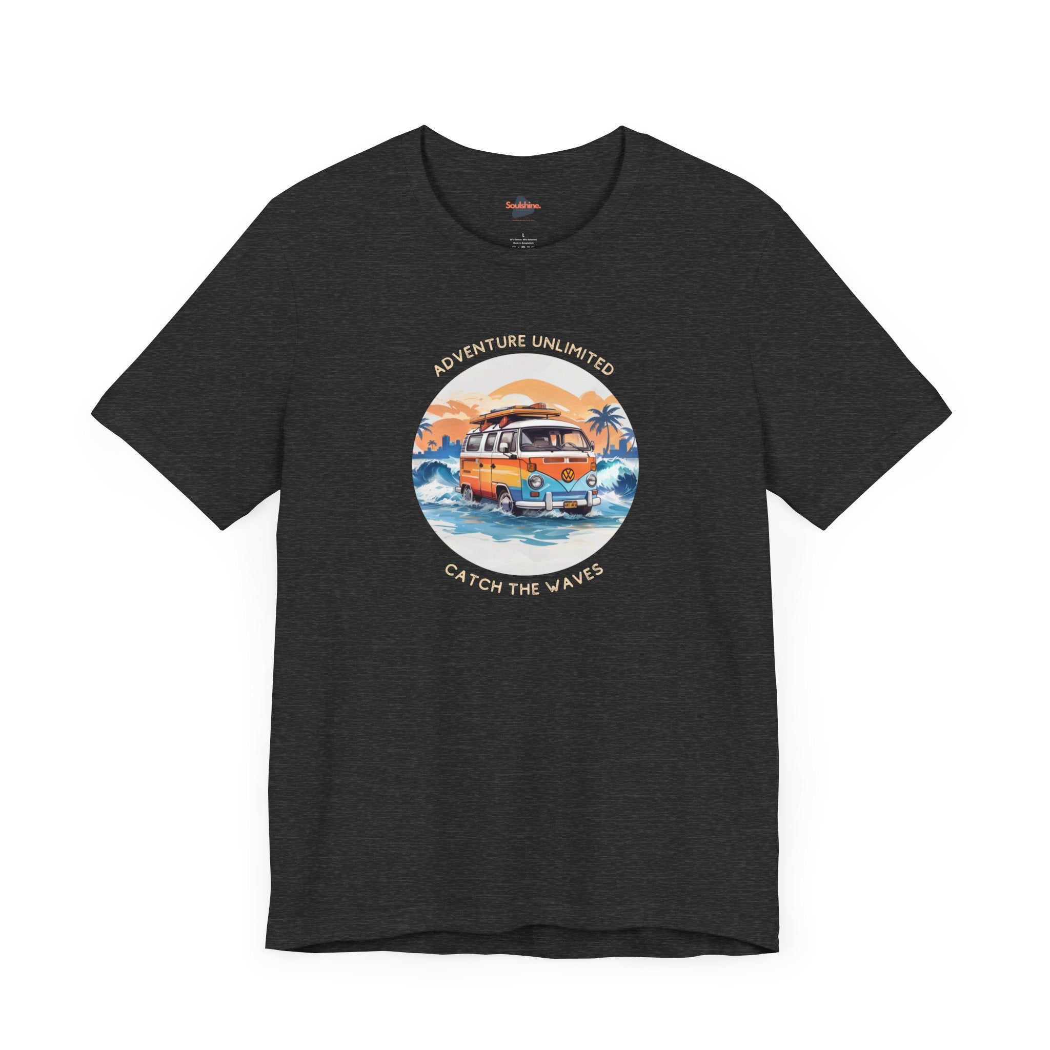 Adventure Unlimited black t-shirt with scenic van on beach printed - direct-to-garment item