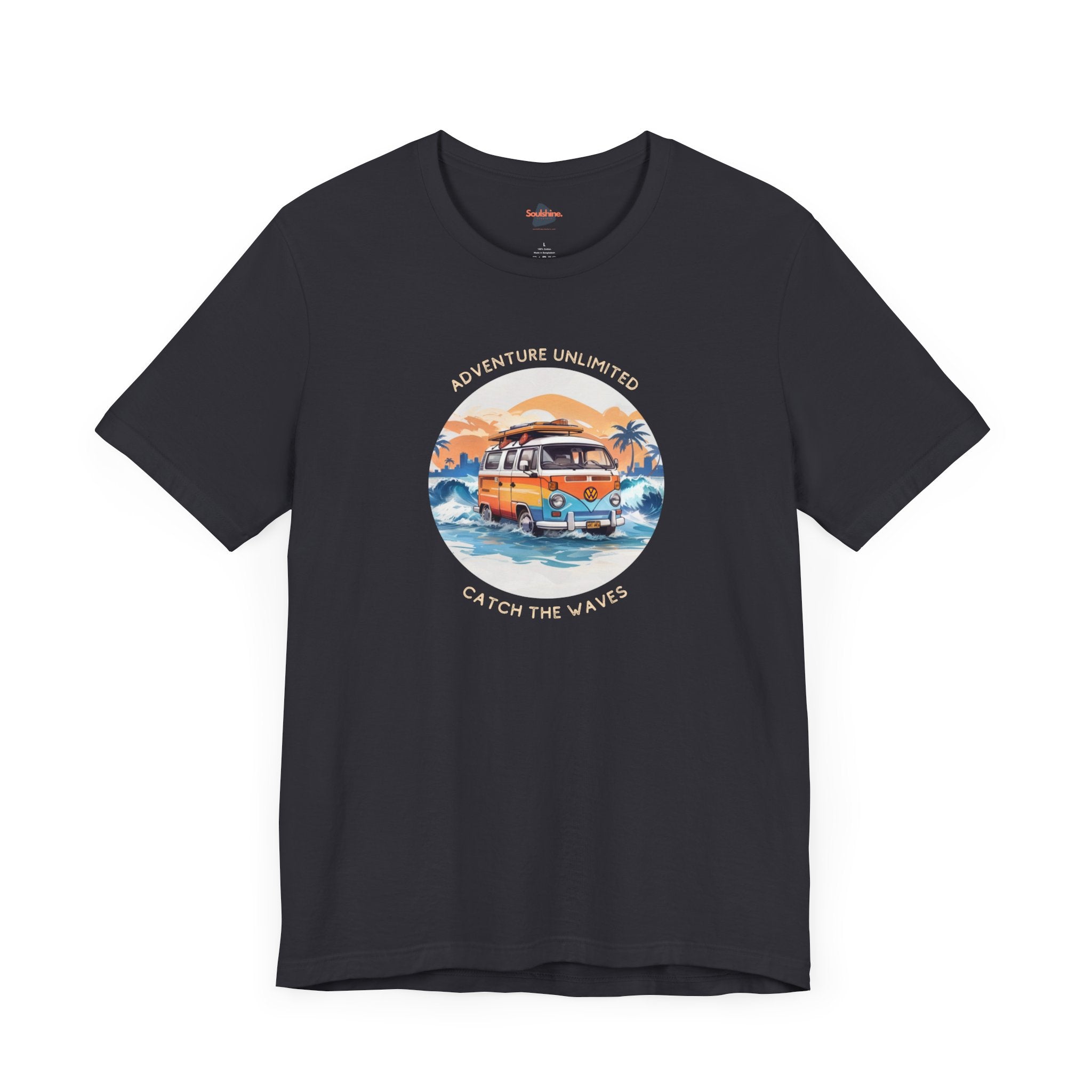 Adventure Unlimited unisex jersey tee with van on beach at sunset, direct-to-garment printed item