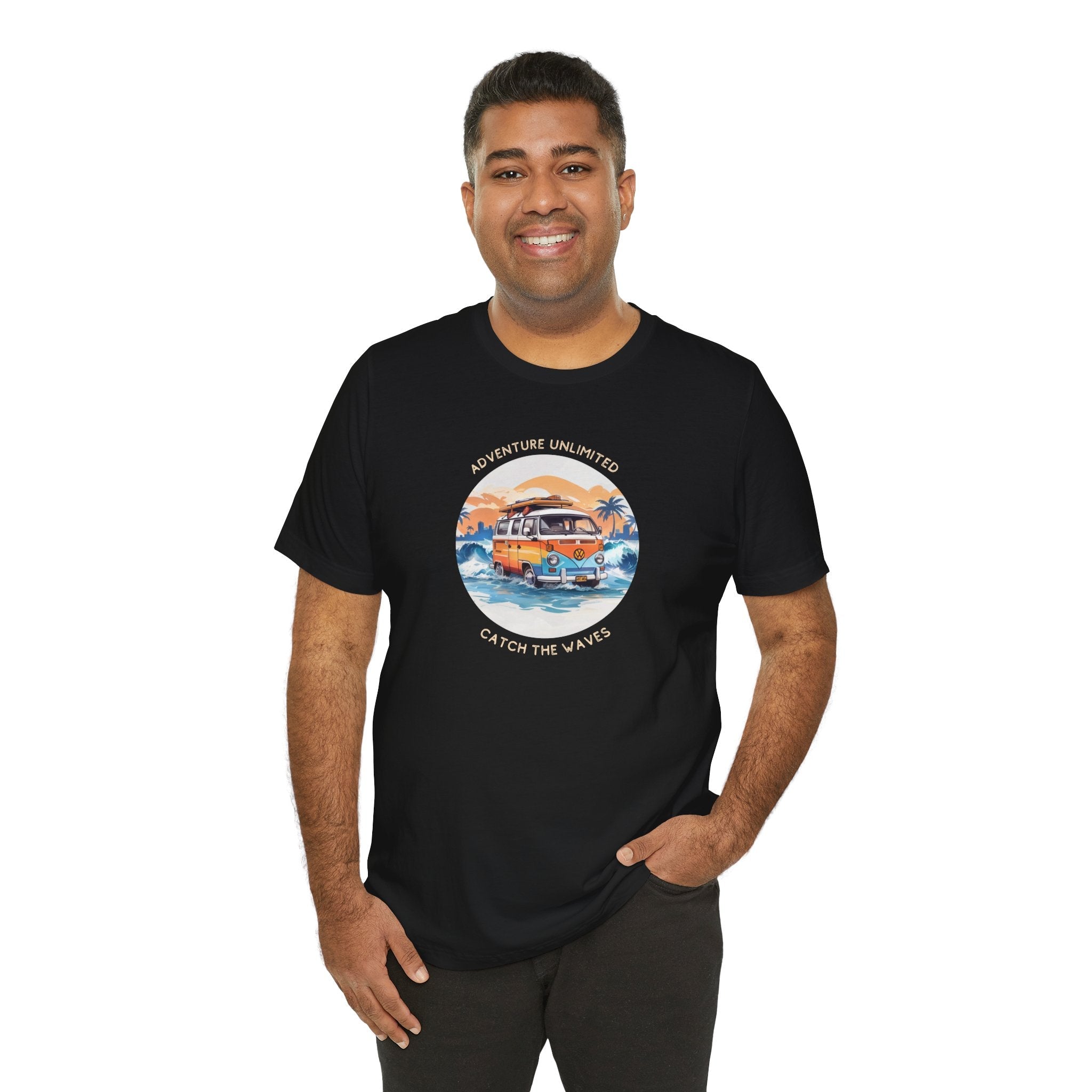 Adventure Unlimited printed black t-shirt with ’on it’ slogan, direct-to-garment item