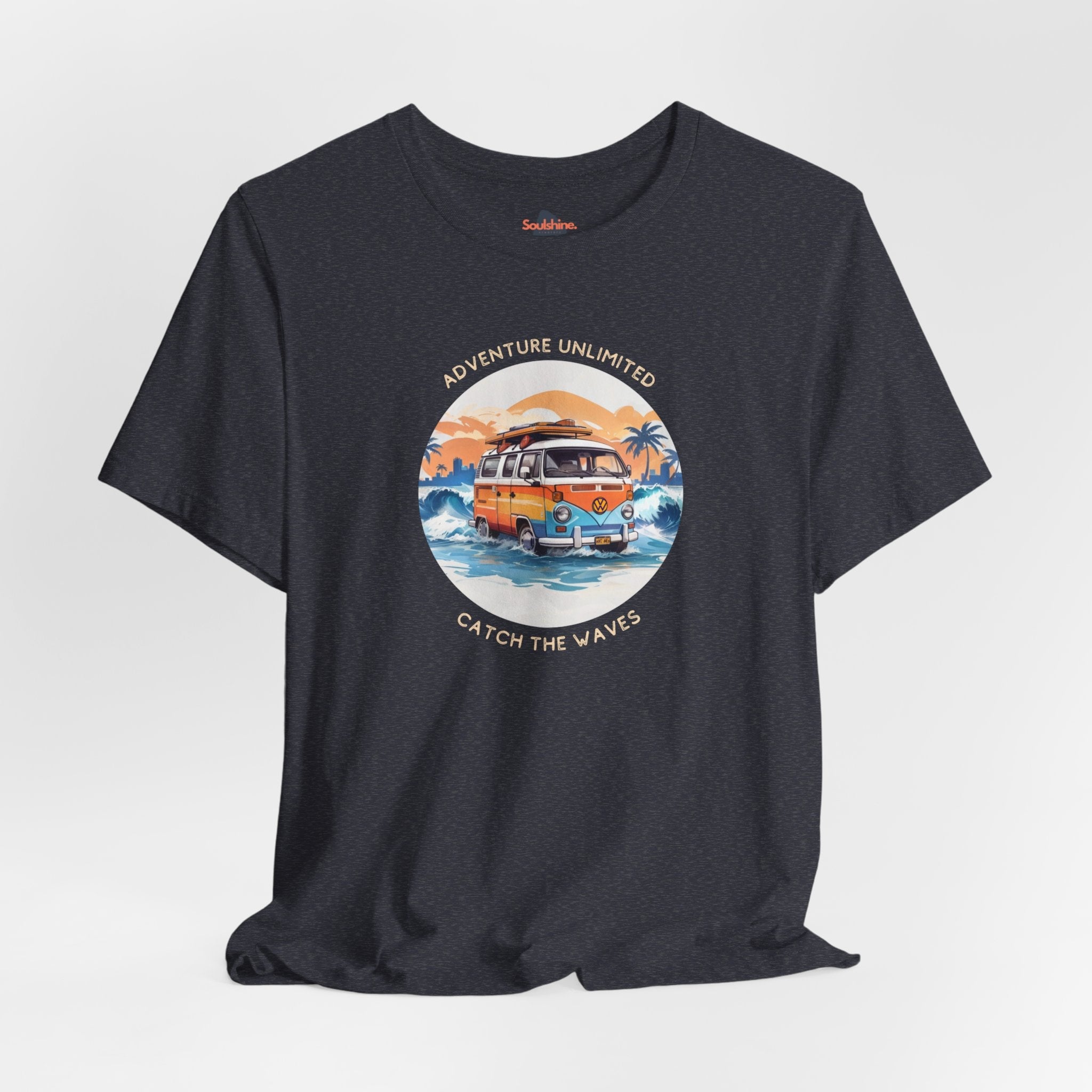 Adventure Unlimited black t-shirt with van on beach, direct-to-garment printed item